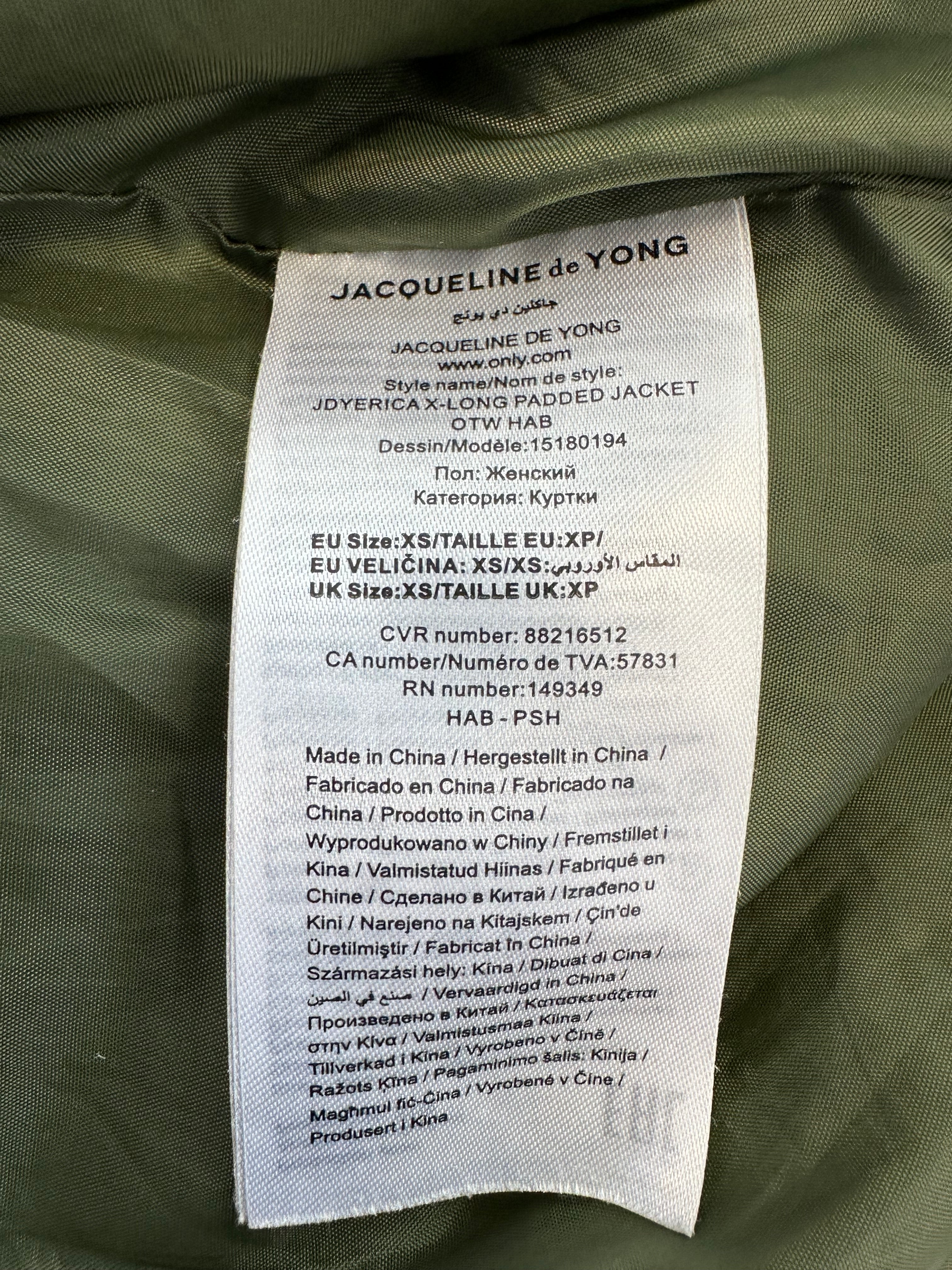 Jacqueline de Yong Long Puffer Coat – Green, Size XS, Good Condition
