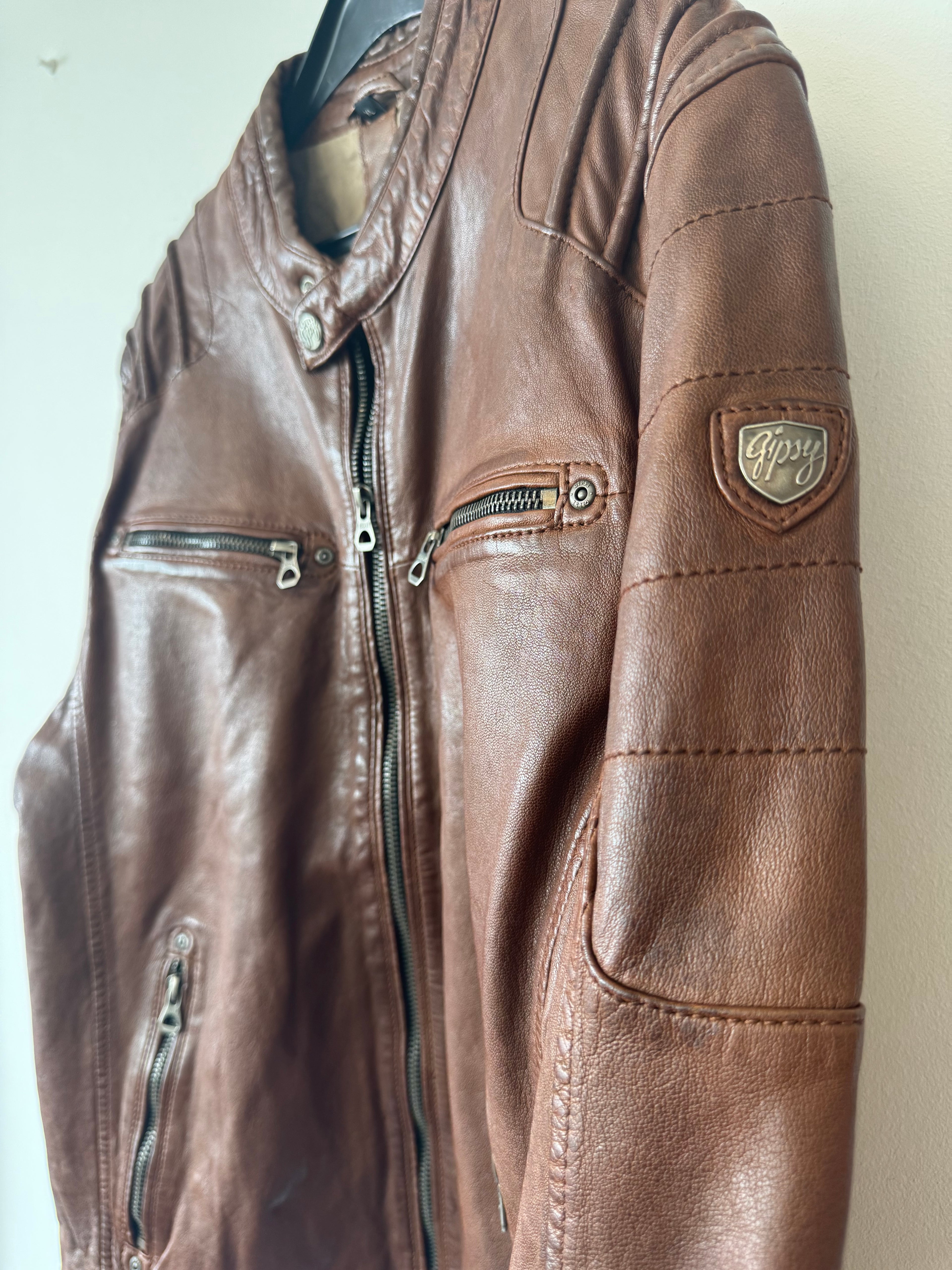 Gipsy Vintage-Style Leather Biker Jacket, Brown, Men’s XL, Good Condition