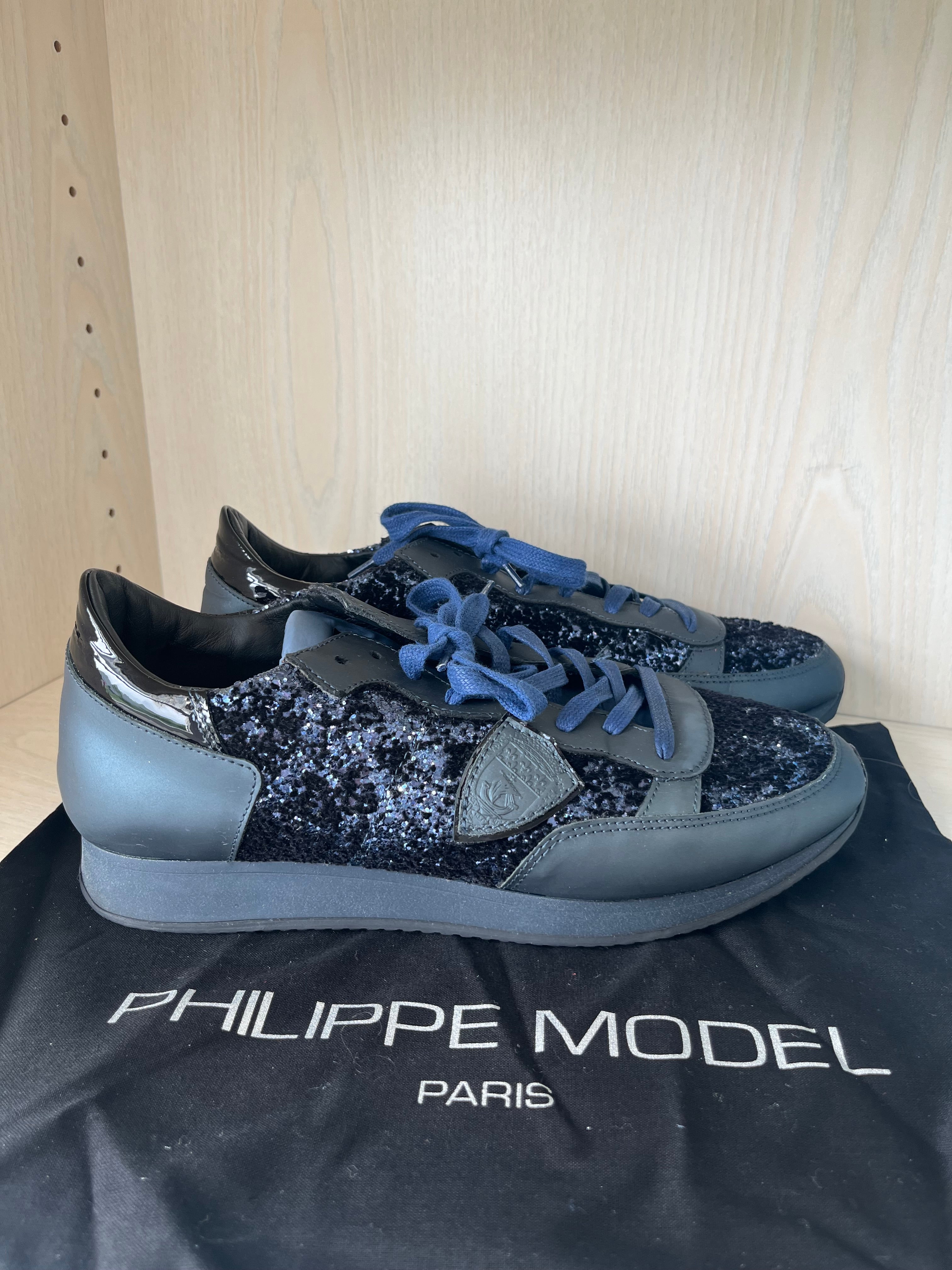 Philippe Model Paris Glitter Sneaker – Black/Silver, EU 40, Very Good Condition