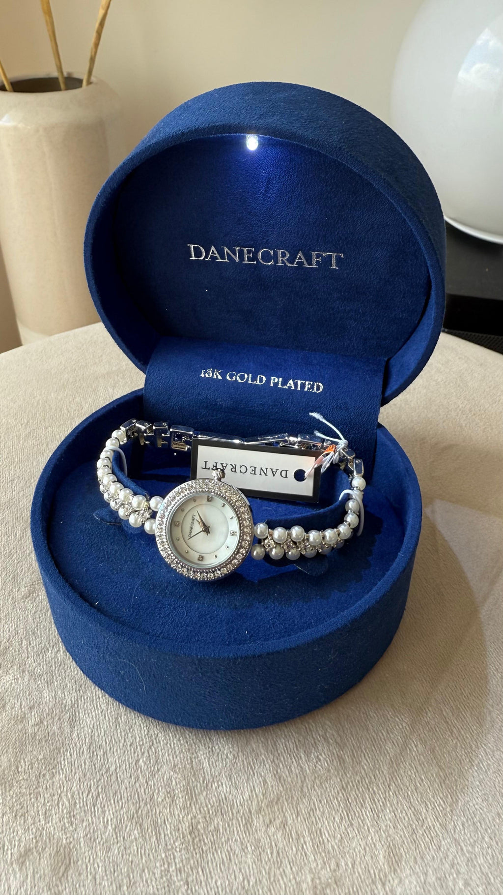 Danecraft Women's Bracelet Watch | Pearl Strap, Crystal Bezel, Gold Plated, VG