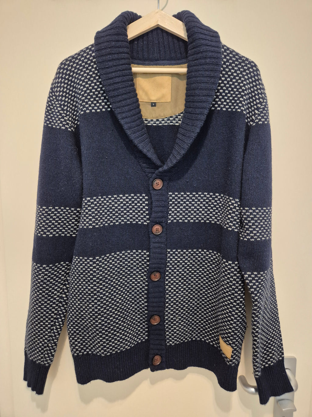 Minimum Mendel Shawl Collar Cardigan | Navy/White | Lambswool Blend | Size L | Good