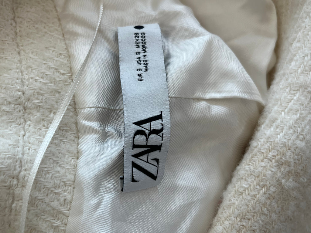 Zara Wool Blend Double-Breasted Coat, Ecru White, Size M, Poor Condition