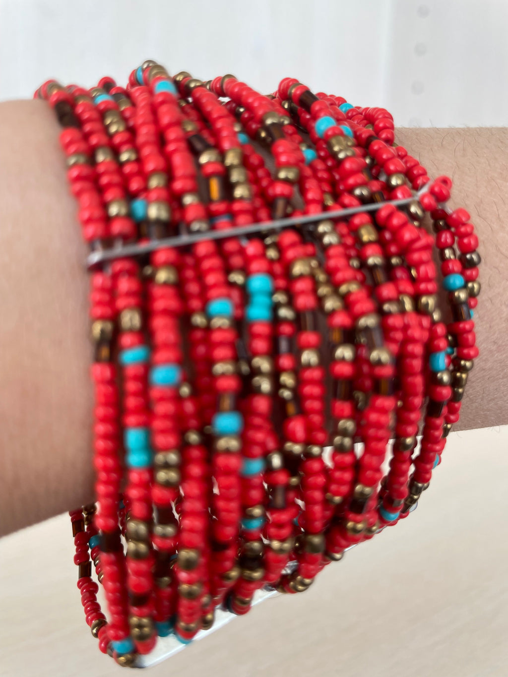 Handmade Otavalo Beaded Cuff Bracelet, Red Coral/Glass, Adjustable, Very Good