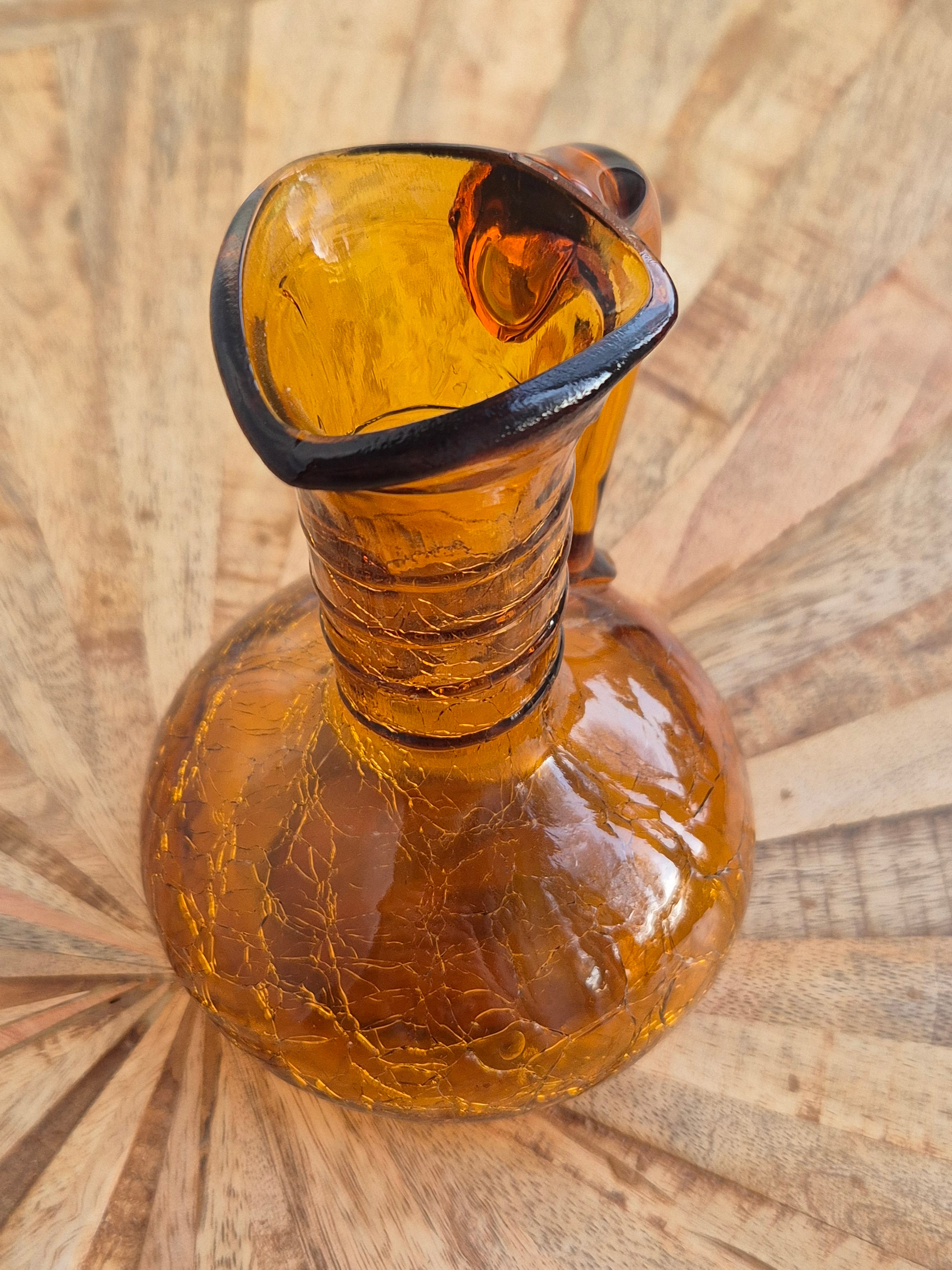 Blenko Vintage Amber Crackle Glass Mini Pitcher 13cm | Very Good