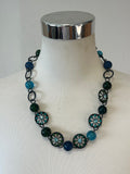 Konplott Beaded Kette Gunmetal Messing Blau Grün Glas 60cm Guter Zustand