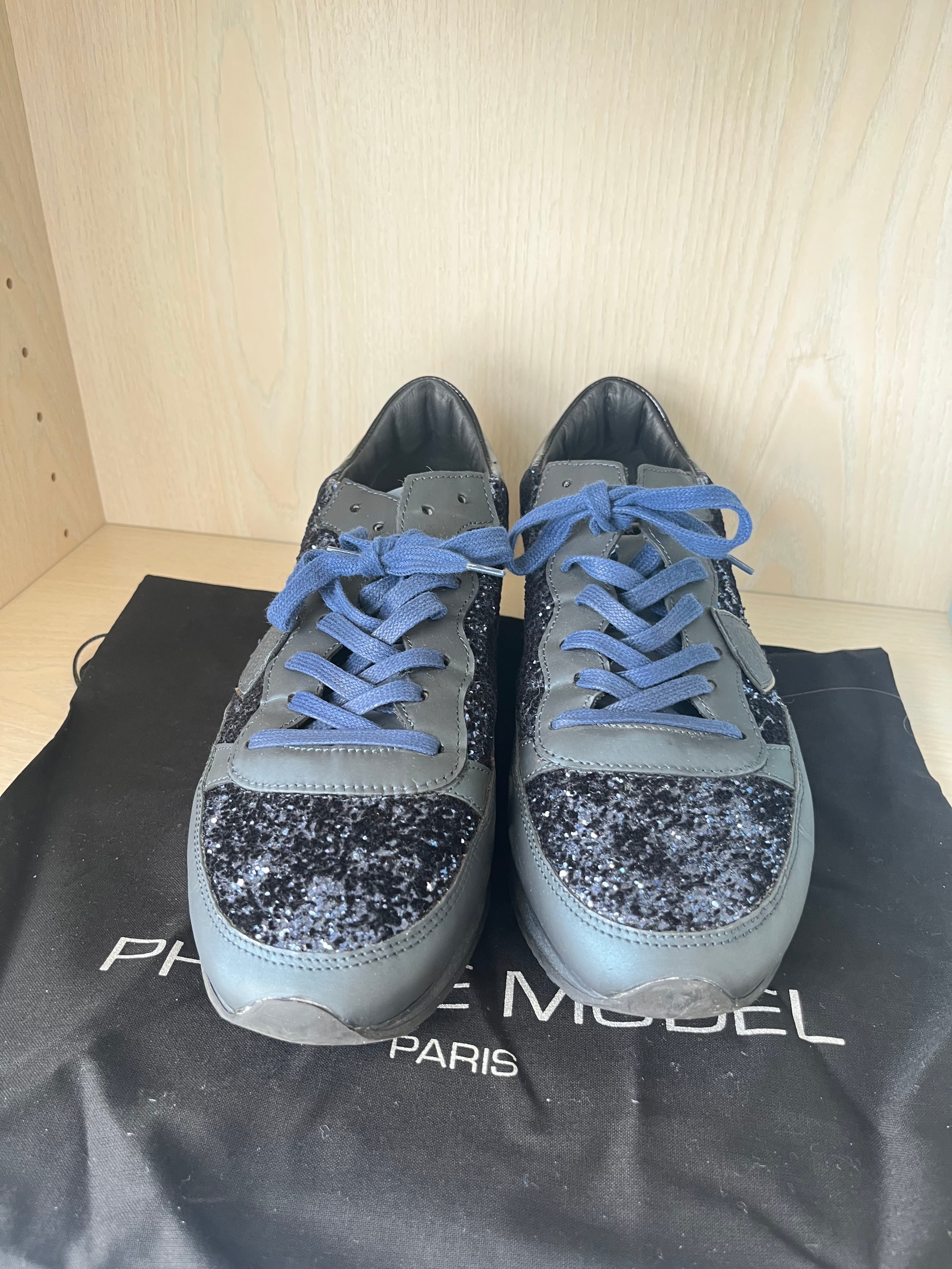 Philippe Model Paris Glitter Sneaker – Black/Silver, EU 40, Very Good Condition