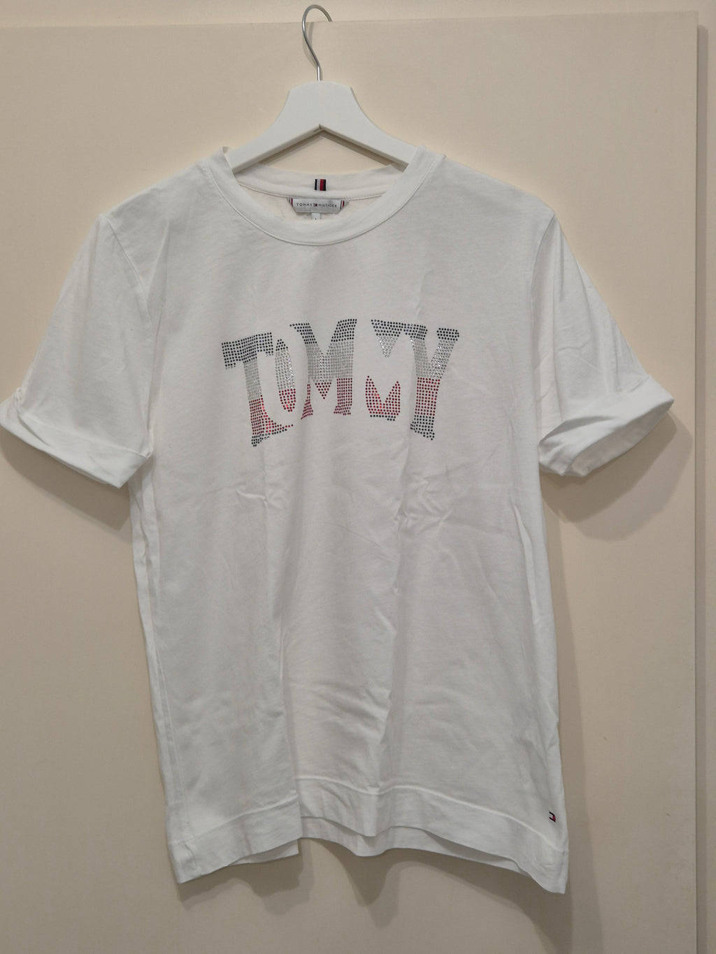 Tommy Hilfiger T-Shirt – L, Weiß, Strass-Logo, Gut