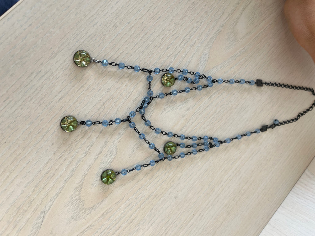 Konplott Vintage Floral Glass-Bead Drop Necklace, Adjustable, Blue/Green, Very Good