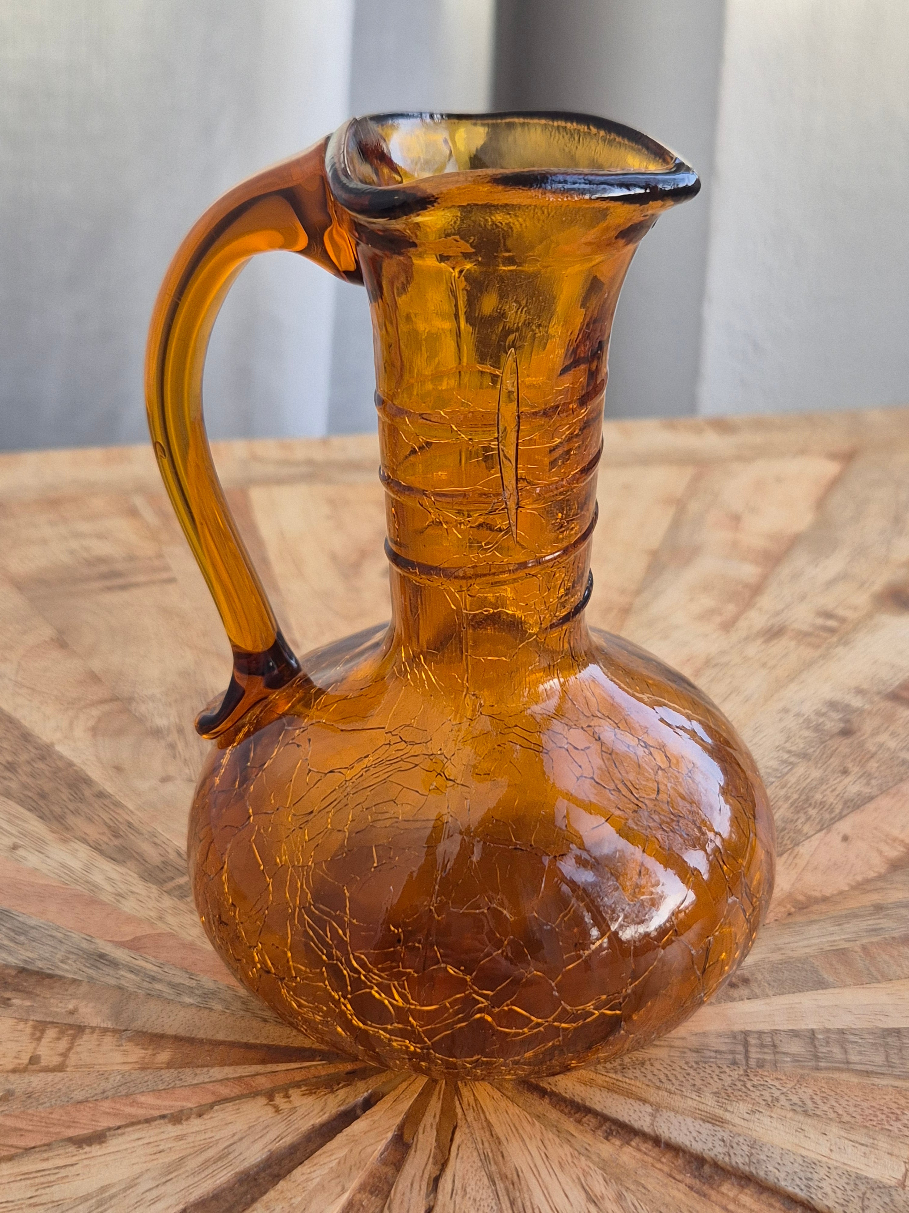 Blenko Vintage Amber Crackle Glass Mini Pitcher 13cm | Very Good