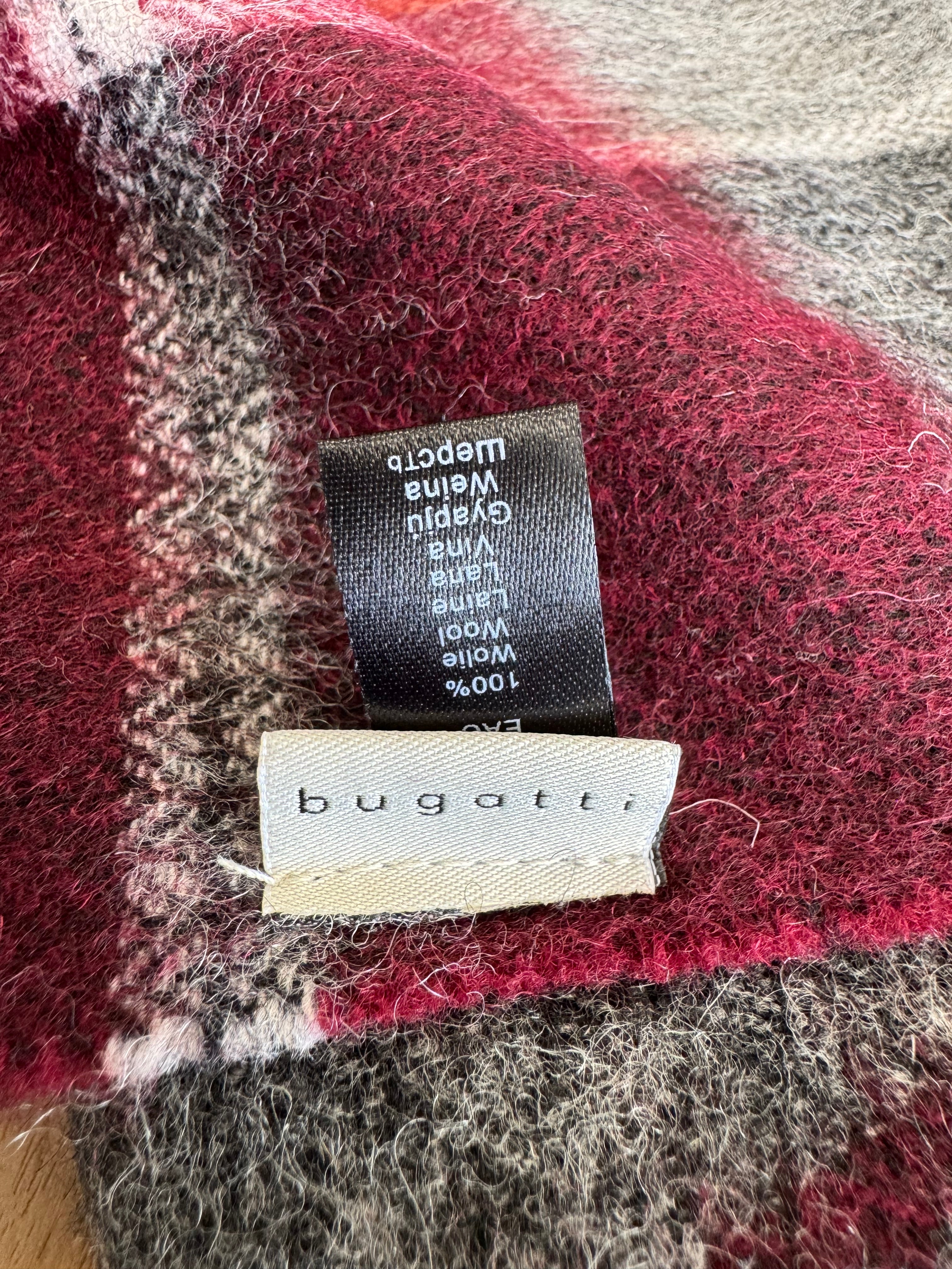 Bugatti 100% Wollschal – Bordeaux/Grau Kariert, Guter Zustand