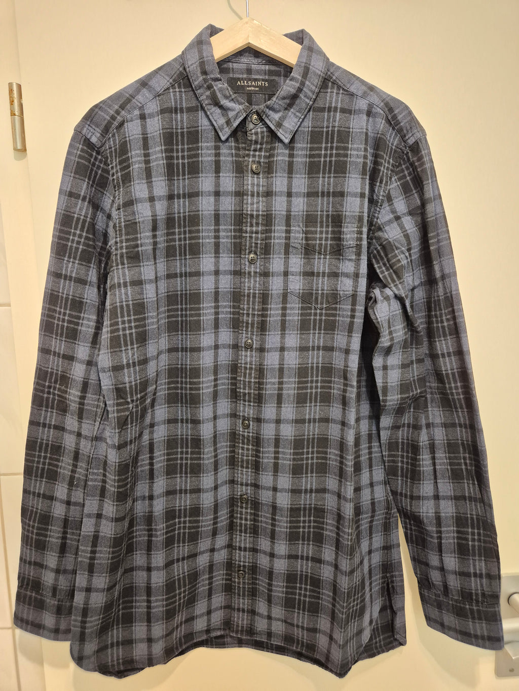 AllSaints Karo Flanellhemd Blau/Schwarz Gr. M | 100% Baumwolle | Sehr Gut