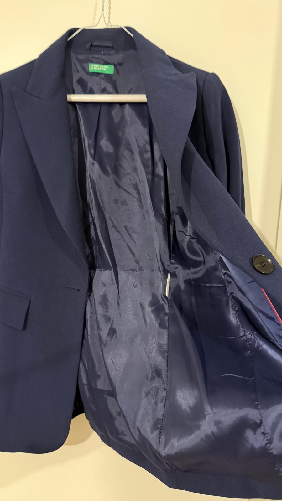 United Colors of Benetton Navy Wool Blend Blazer, Size S, Classic Fit