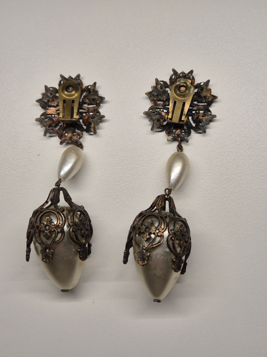 Vintage Bronze Tone Clip-On Earrings w/ Faux Pearls, 9 cm, Very Good