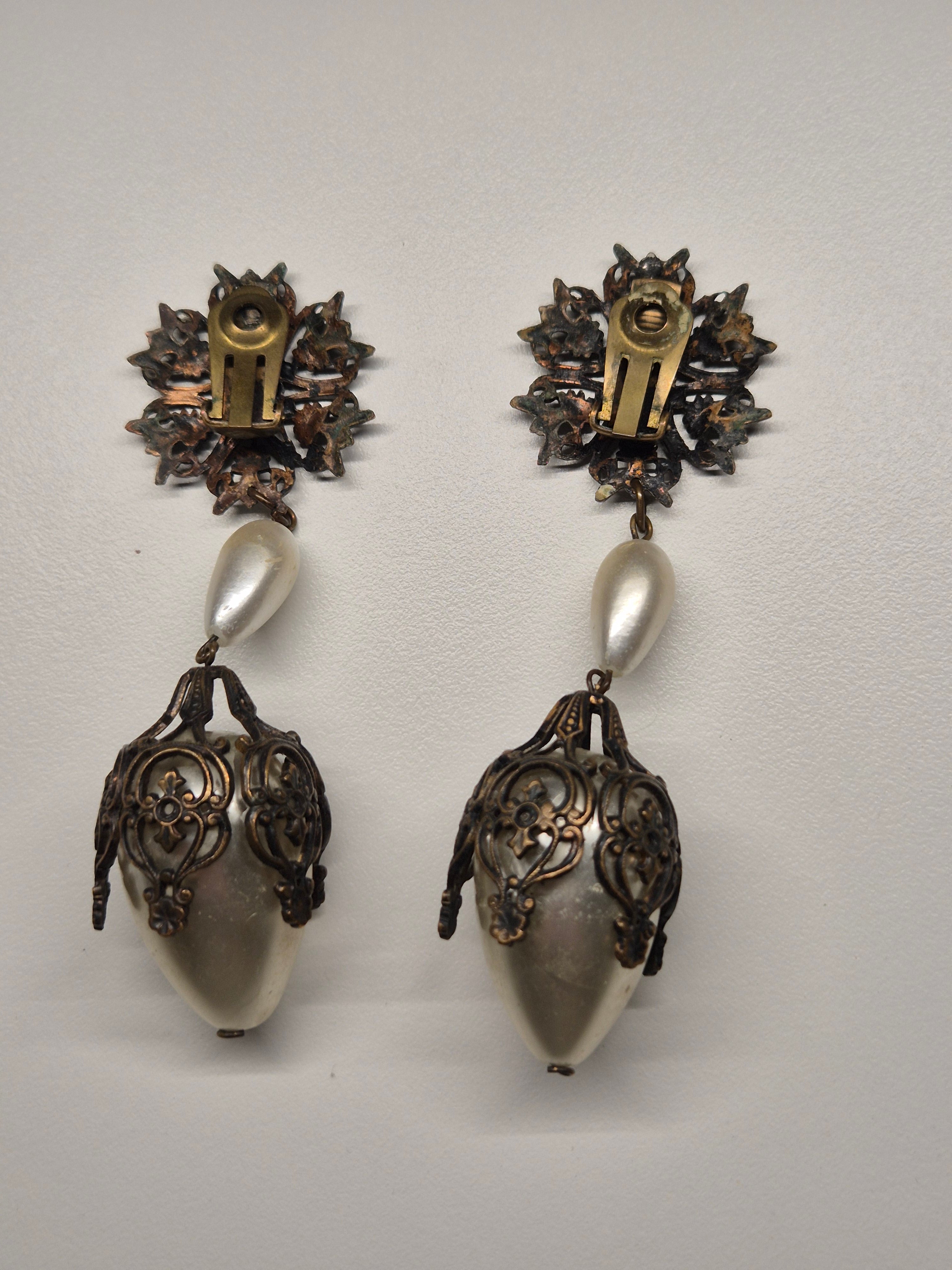 Vintage Bronze Tone Clip-On Earrings w/ Faux Pearls, 9 cm, Very Good