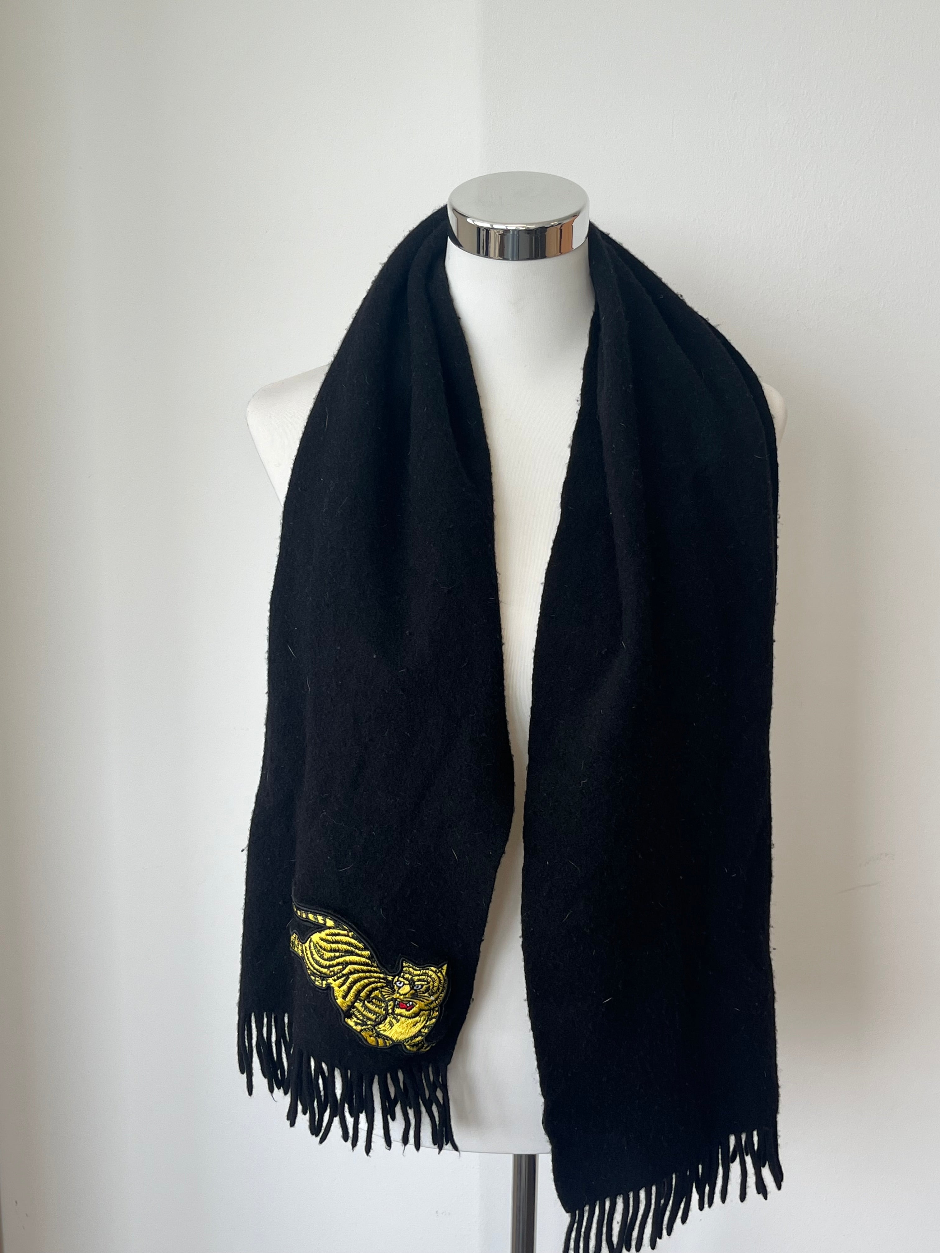 Kenzo Tiger Embroidery Wool Scarf – Black, 180x30cm, Good Condition