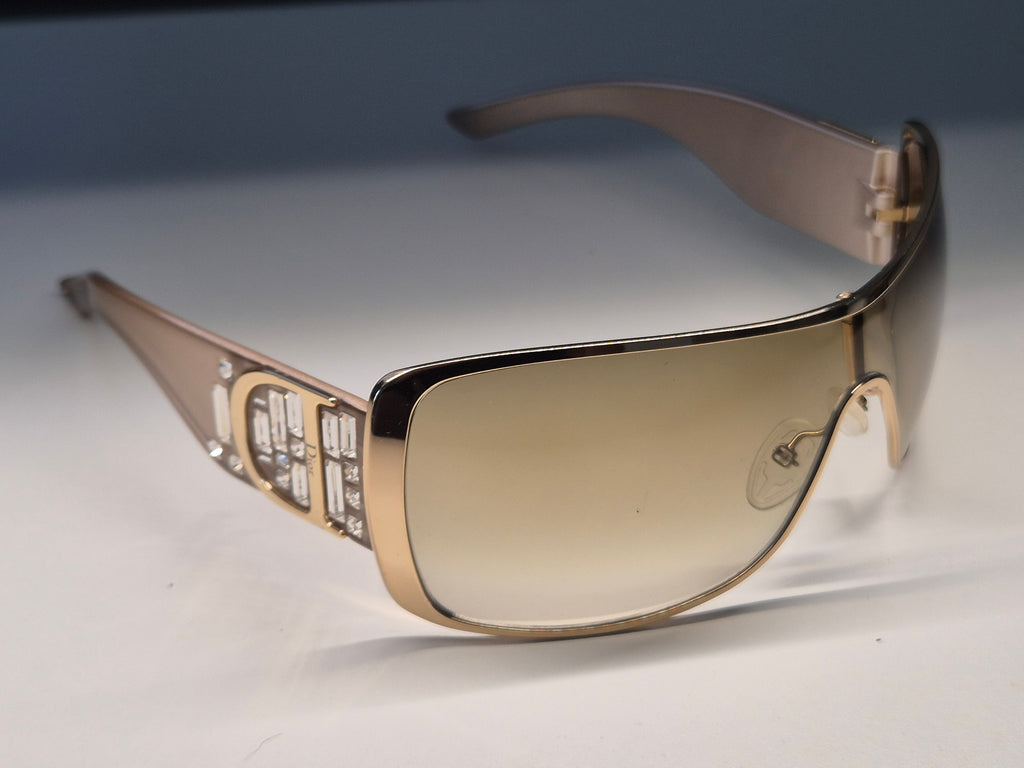 Vintage Dior Crystal Shield Sonnenbrille – Gold, Guter Zustand, Medium