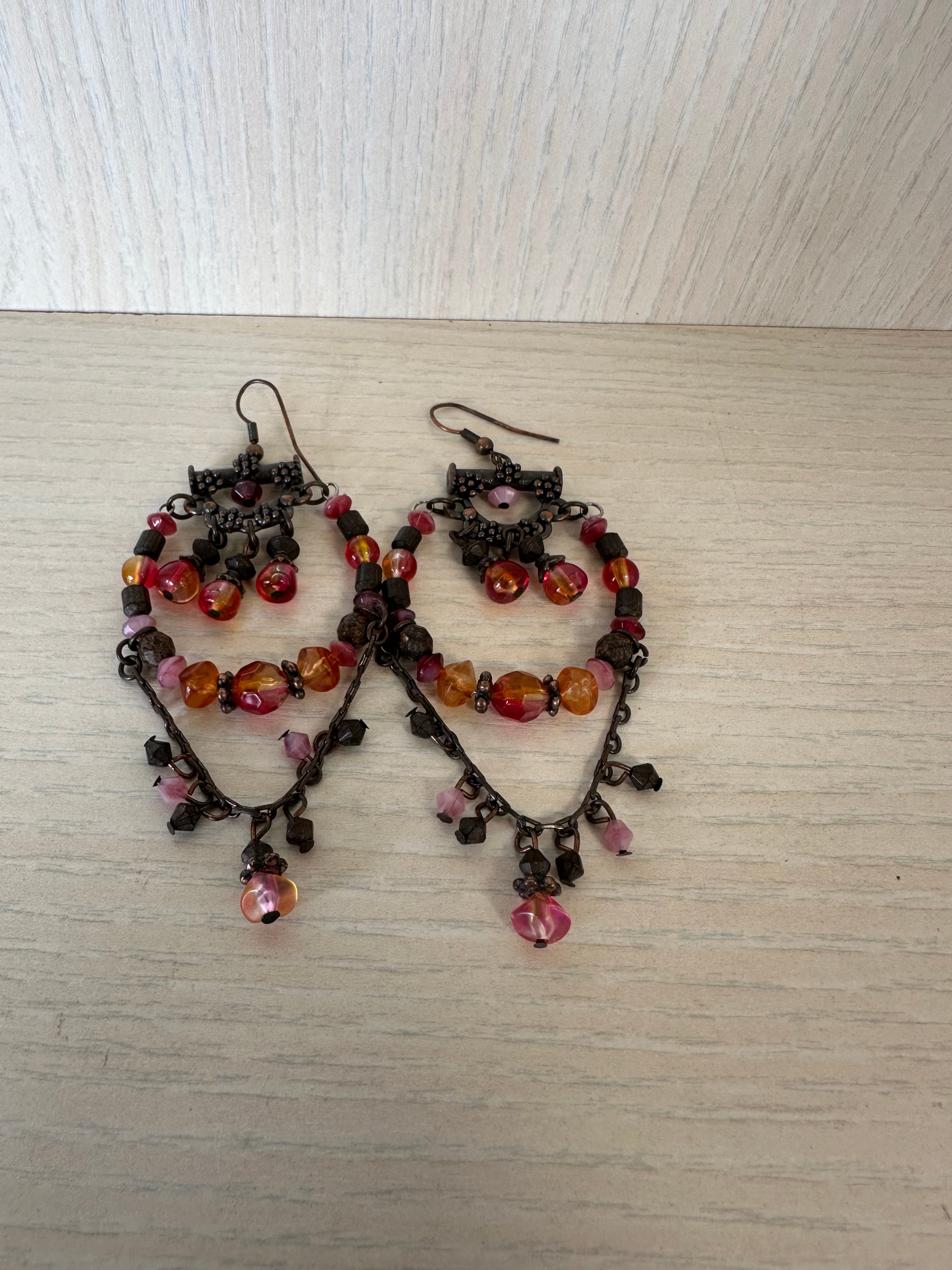 Boho Chandelier Earrings, Bronze, Ruby Red & Orange Glass Beads, 5cm, Good