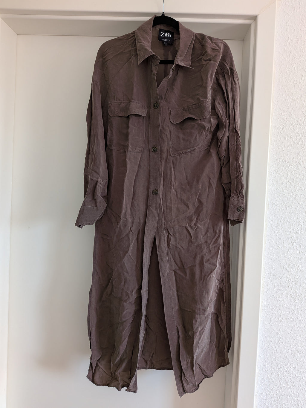 ZARA Button Front Duster Shirt Dress, Chocolate Brown, Size S, Very Good