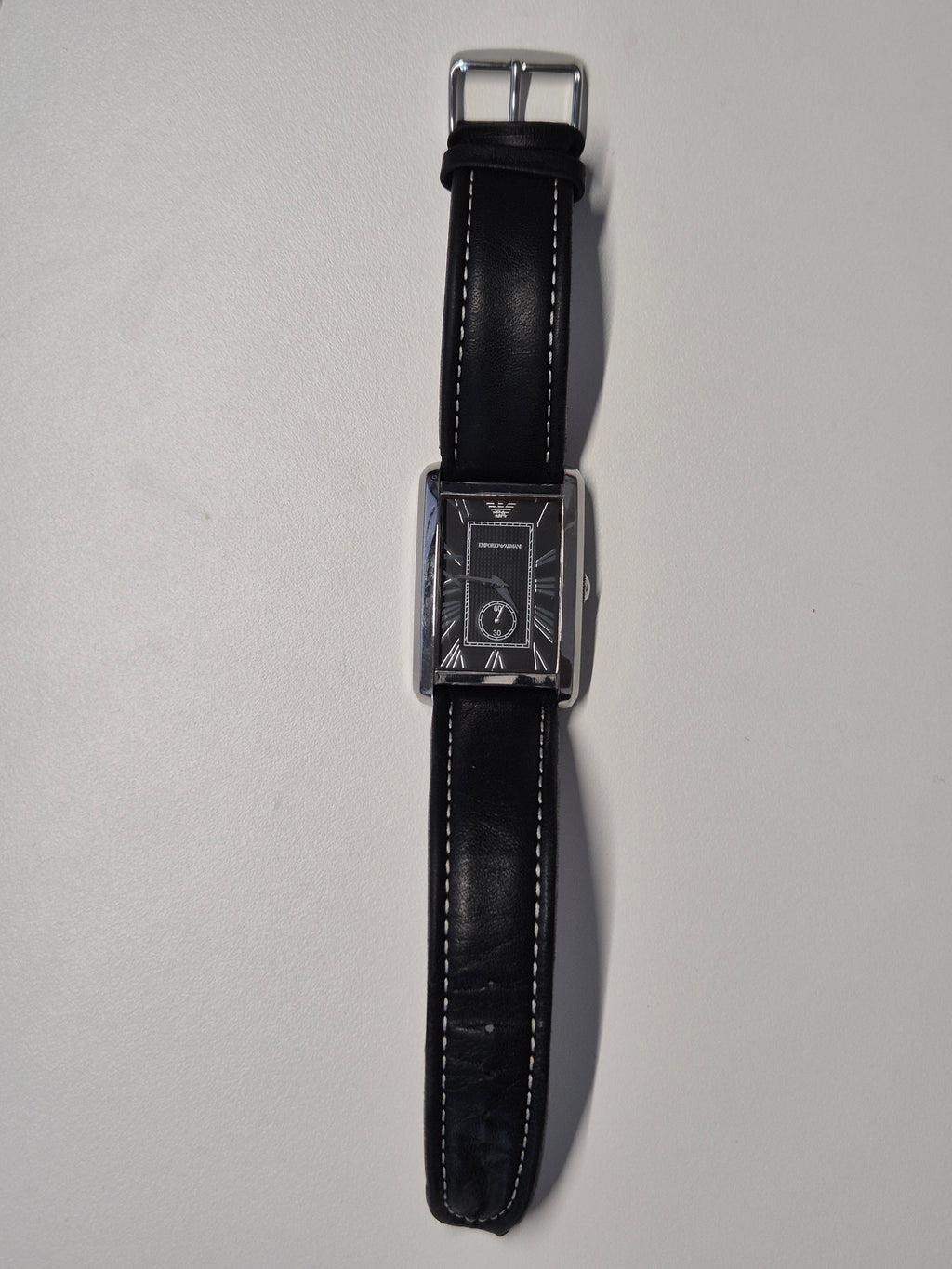 Emporio Armani AR0143 Men’s Rectangular Stainless Steel Watch Black Leather Strap