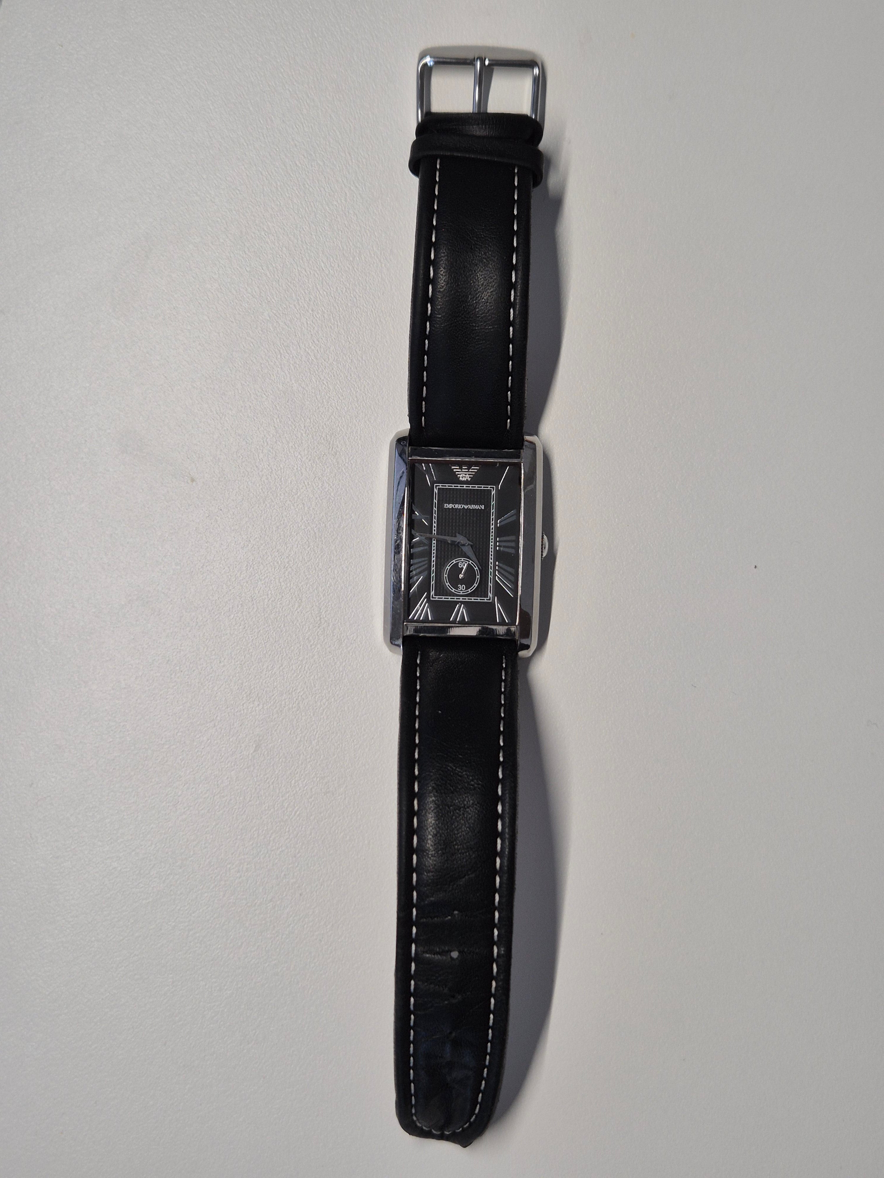 Emporio Armani AR0143 Men’s Rectangular Stainless Steel Watch Black Leather Strap