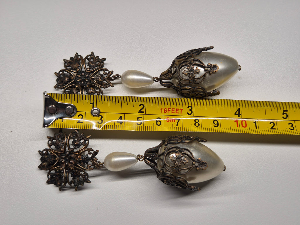Vintage Bronze Tone Clip-On Earrings w/ Faux Pearls, 9 cm, Very Good