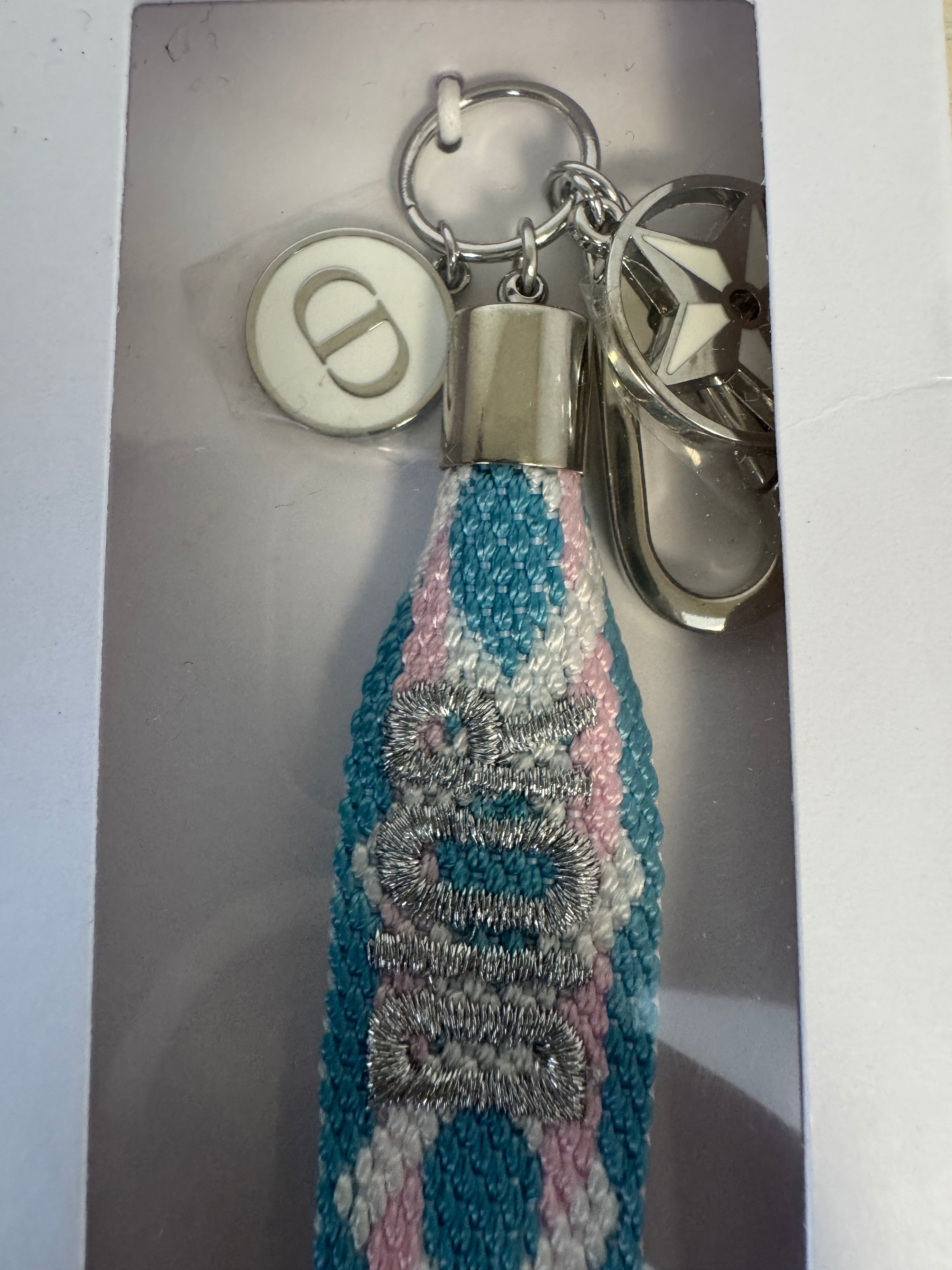 Dior “Lucky Star” Woven Wristlet Keychain – Blue & Pink, 15cm, Very Good, Boxed