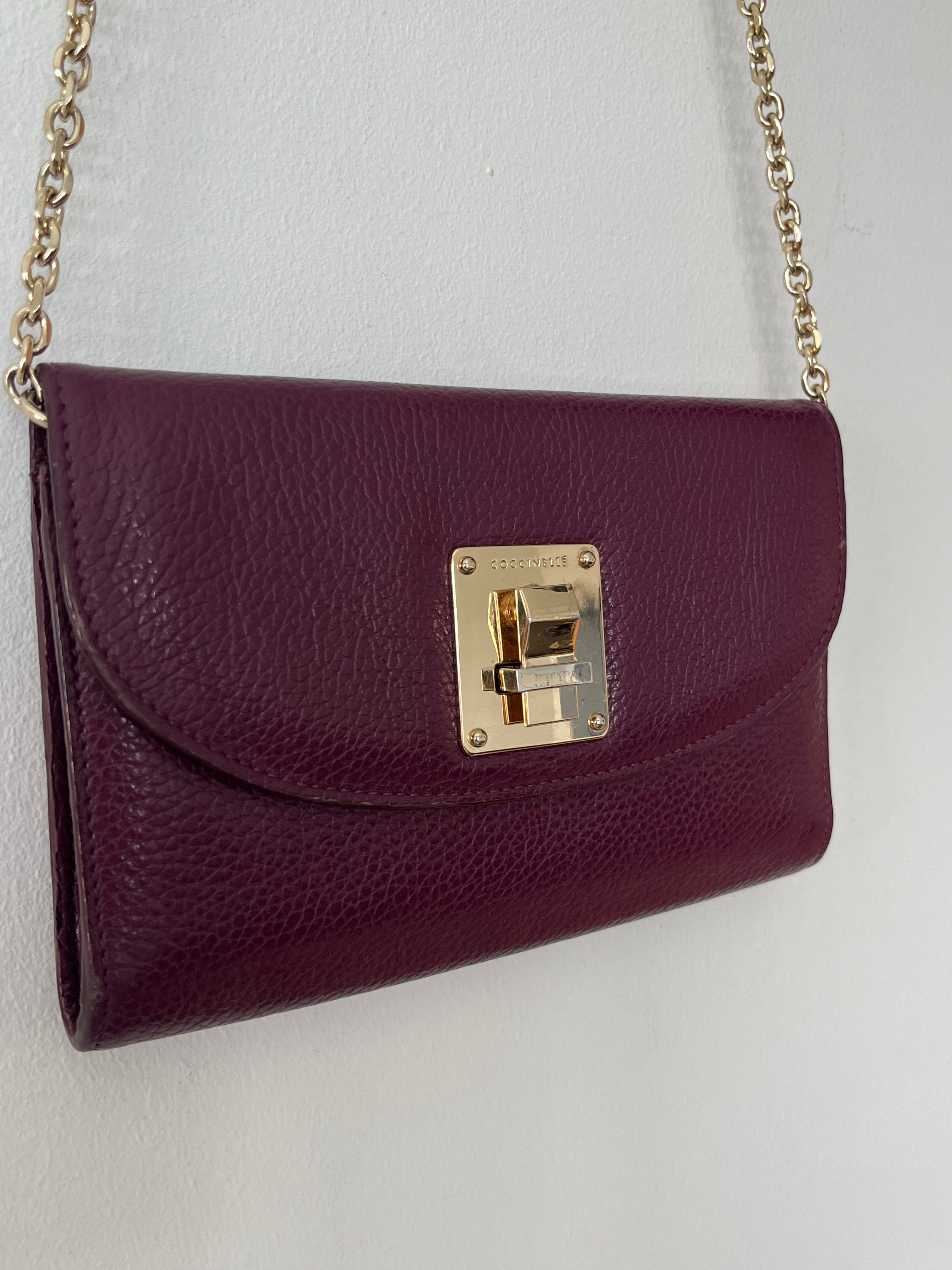 Coccinelle Leather Clutch | Plum | Gold Chain | Small | Good Condition