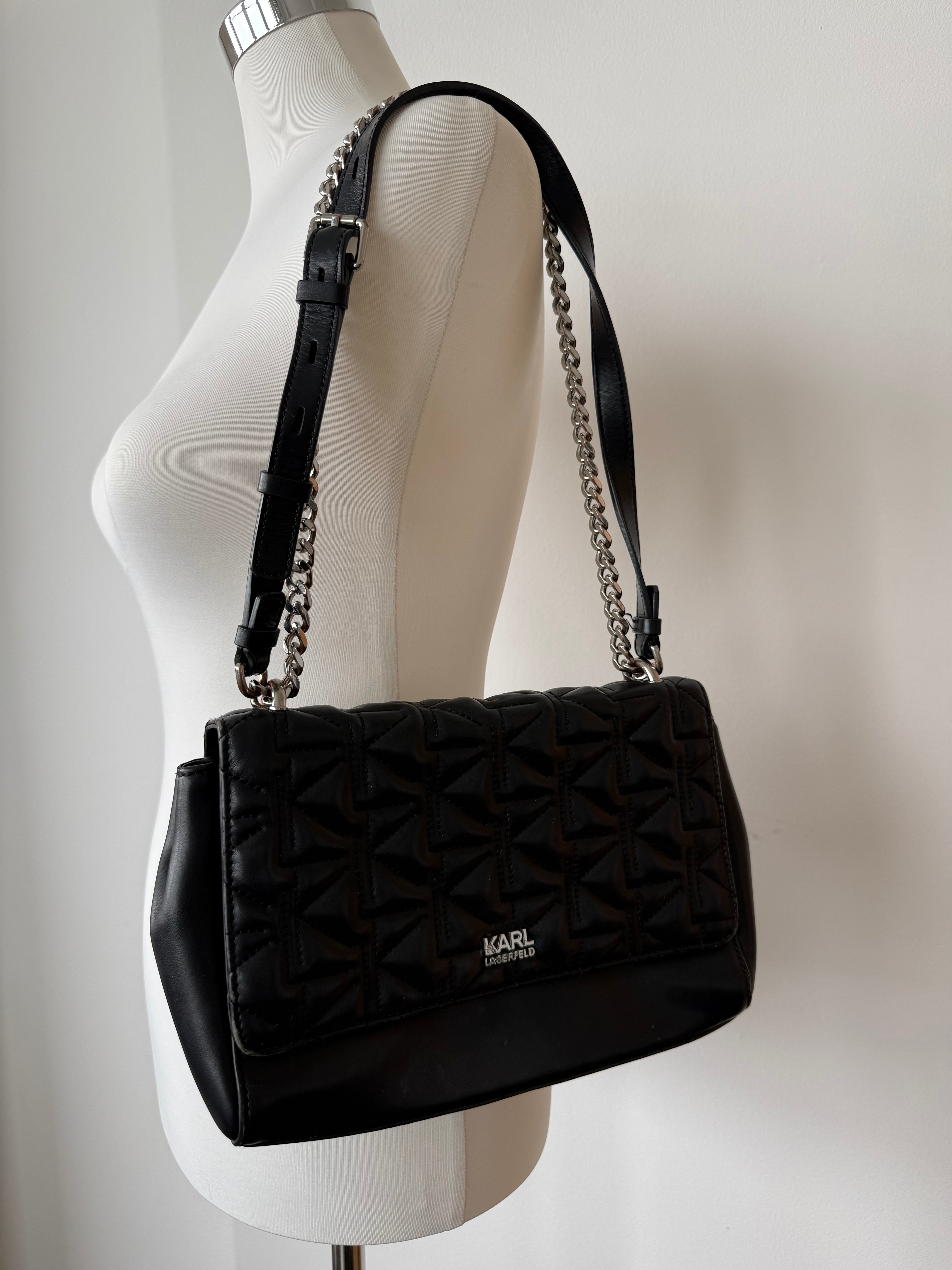 Karl Lagerfeld K/Kuilted Leder Tasche Schwarz, Kette & Schulterriemen, Gut