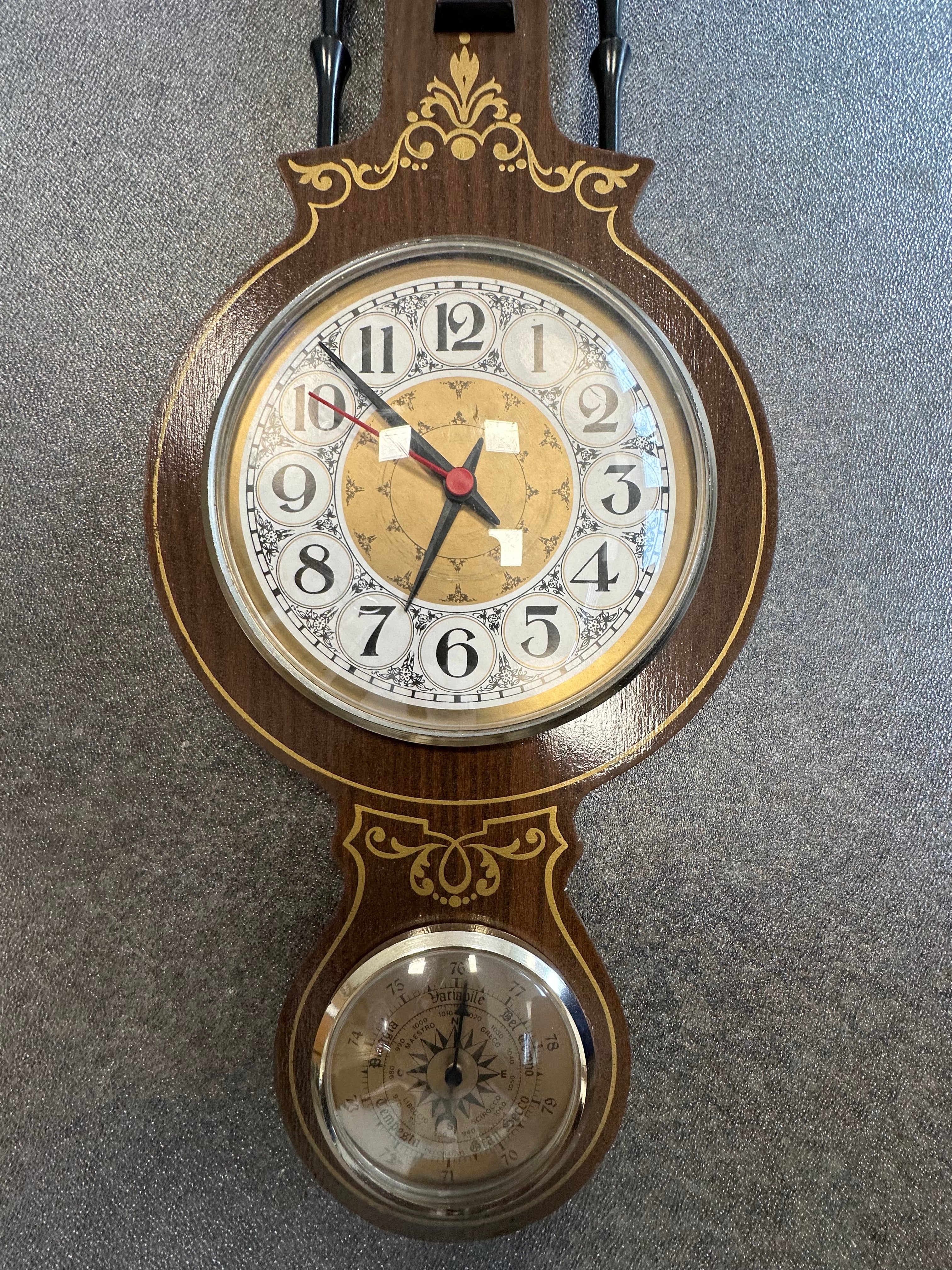 Vintage Banjo Wall Clock & Weather Station, Large, Brown/Gold, Very Good