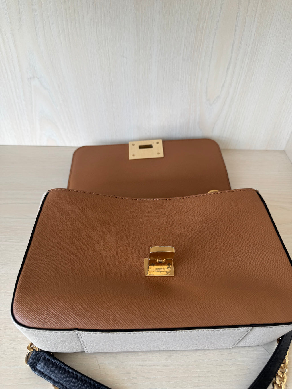 Michael Kors “Tina” Crossbody – Color-Block Saffiano Leather, Gold Hardware, Good