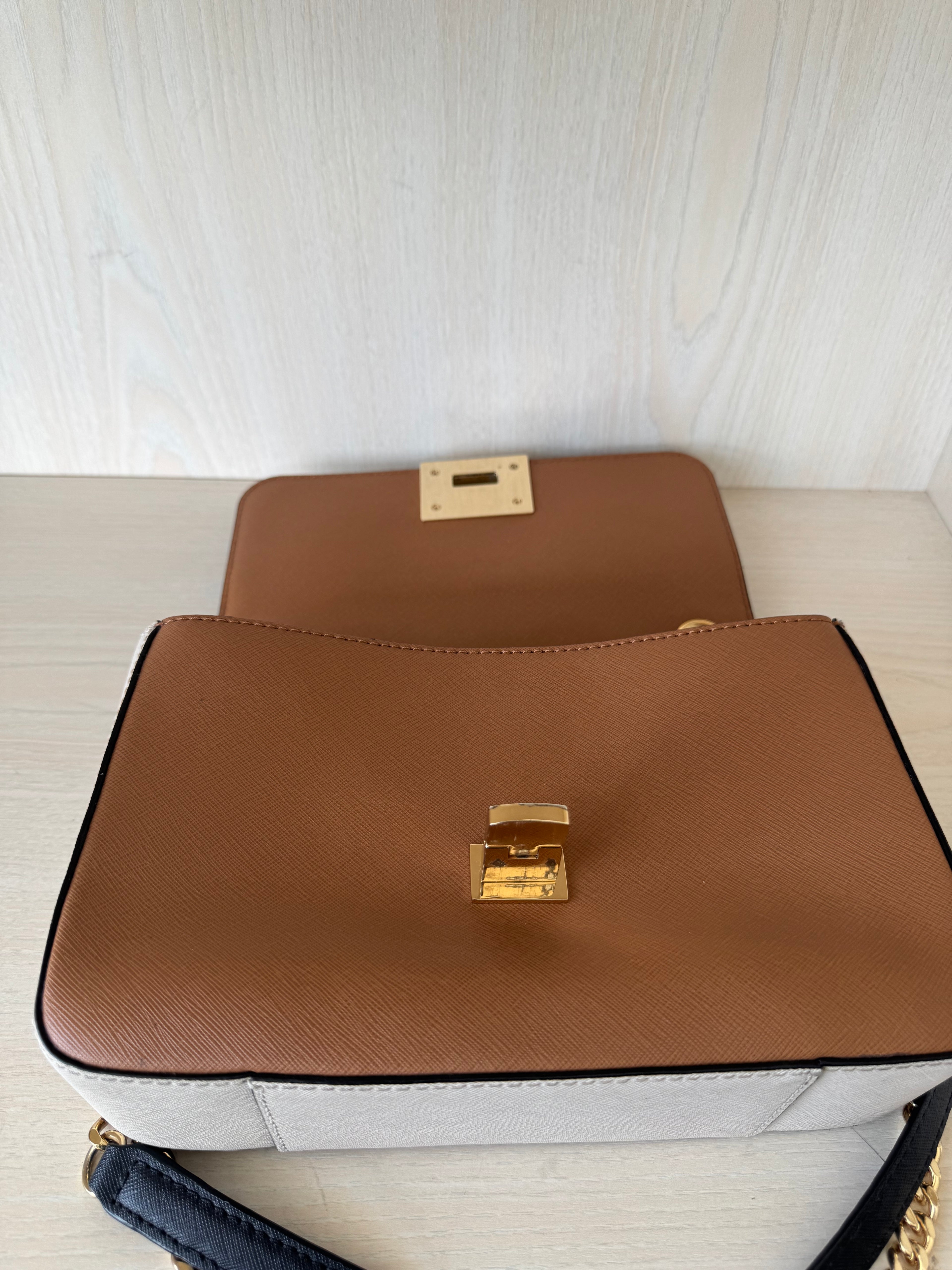 Michael Kors “Tina” Crossbody – Color-Block Saffiano Leather, Gold Hardware, Good