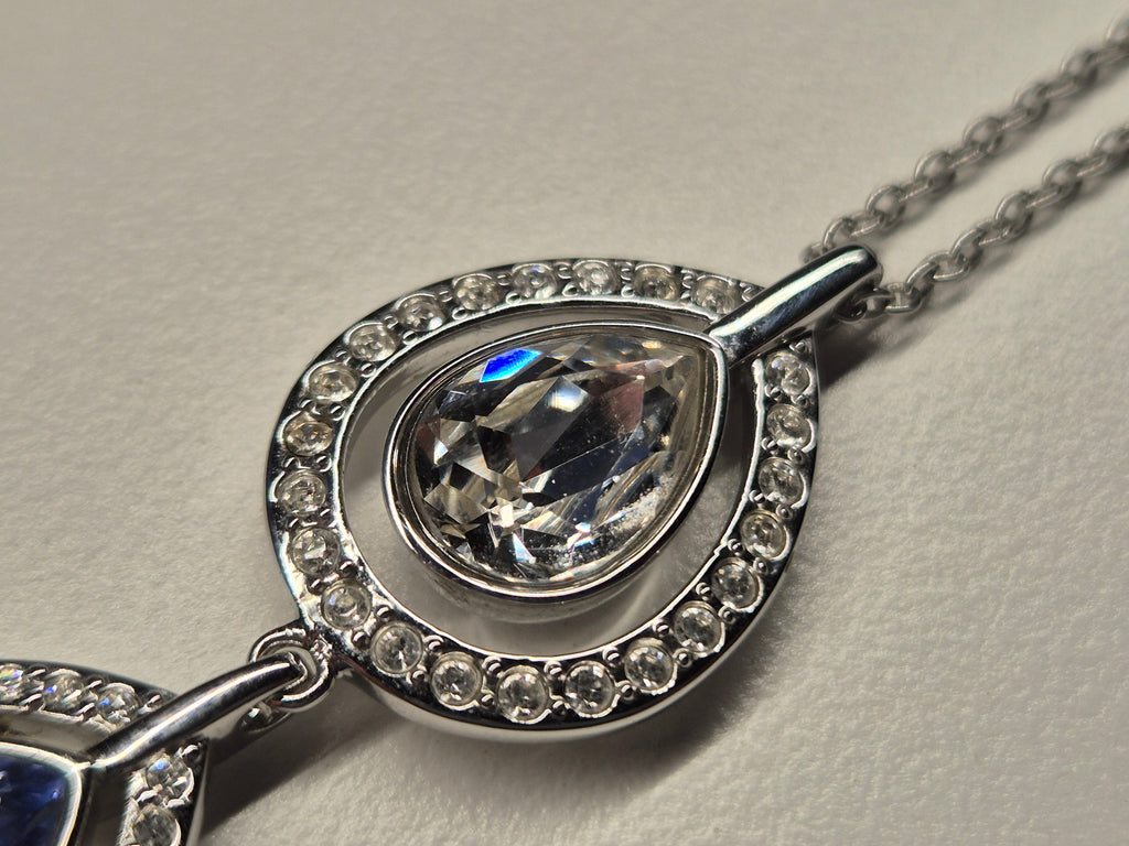 Swarovski Double Teardrop Necklace | Silver Tone, Purple & Aqua Crystals | Very Good