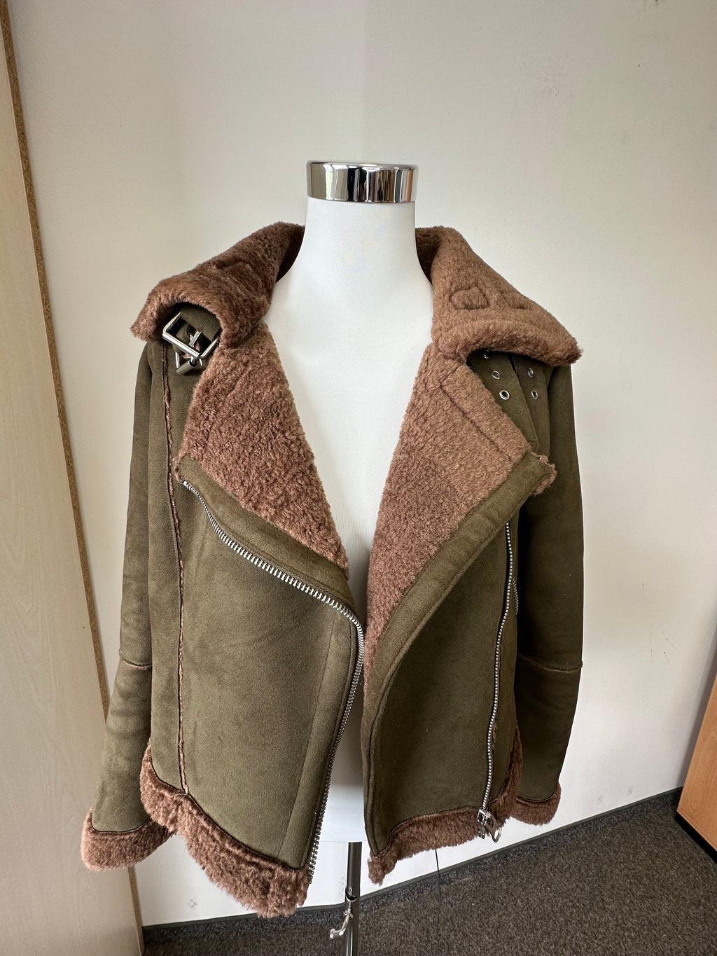 Zara Basic Outerwear Aviator Jacket, Faux Suede, Olive, Size M, Like New