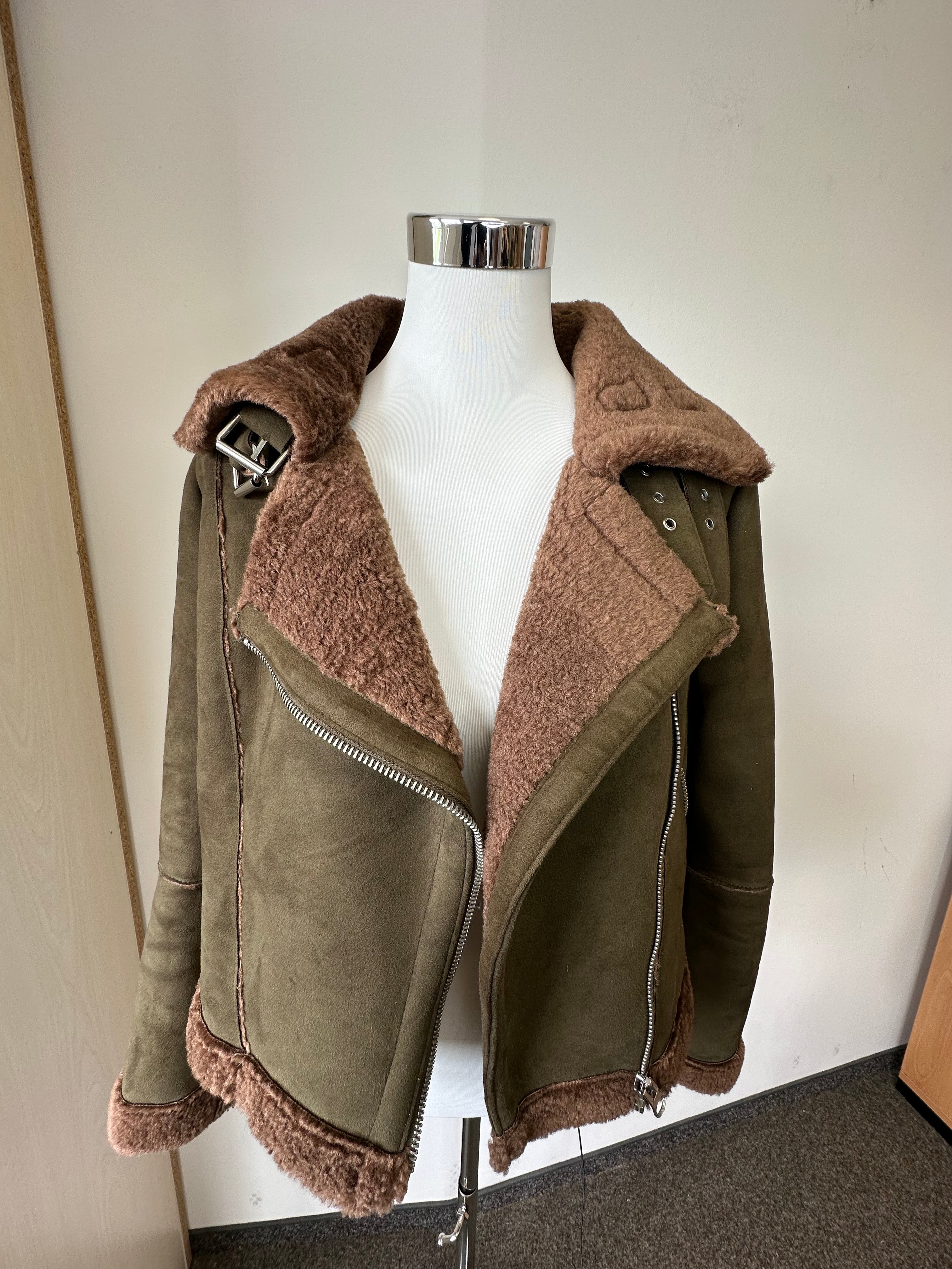Zara Basic Outerwear Aviator Jacket, Faux Suede, Olive, Size M, Like New