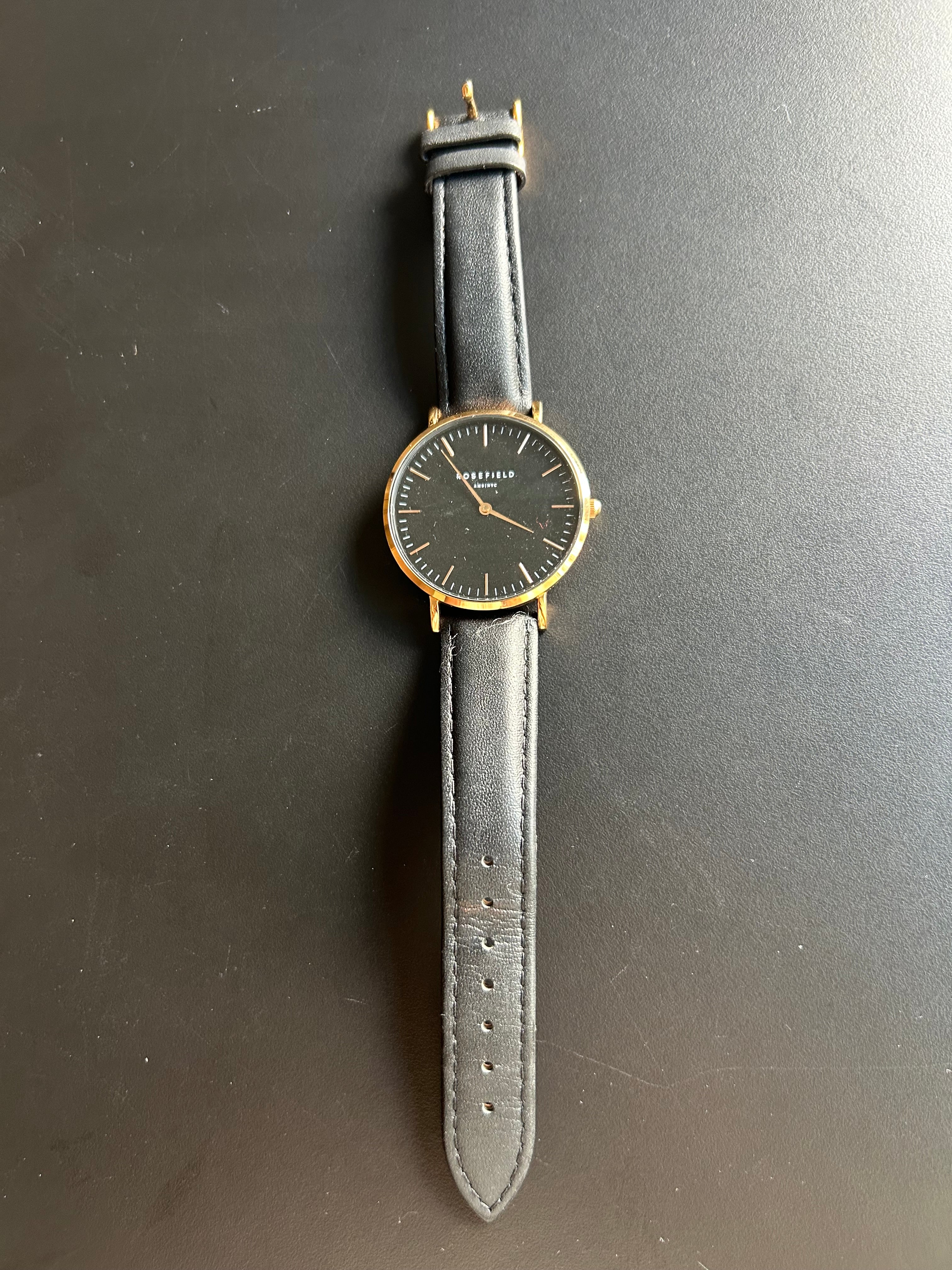 Rosefield The Bowery Damen Uhr | 38mm | Schwarz/Gold | Leder | Sehr guter Zustand