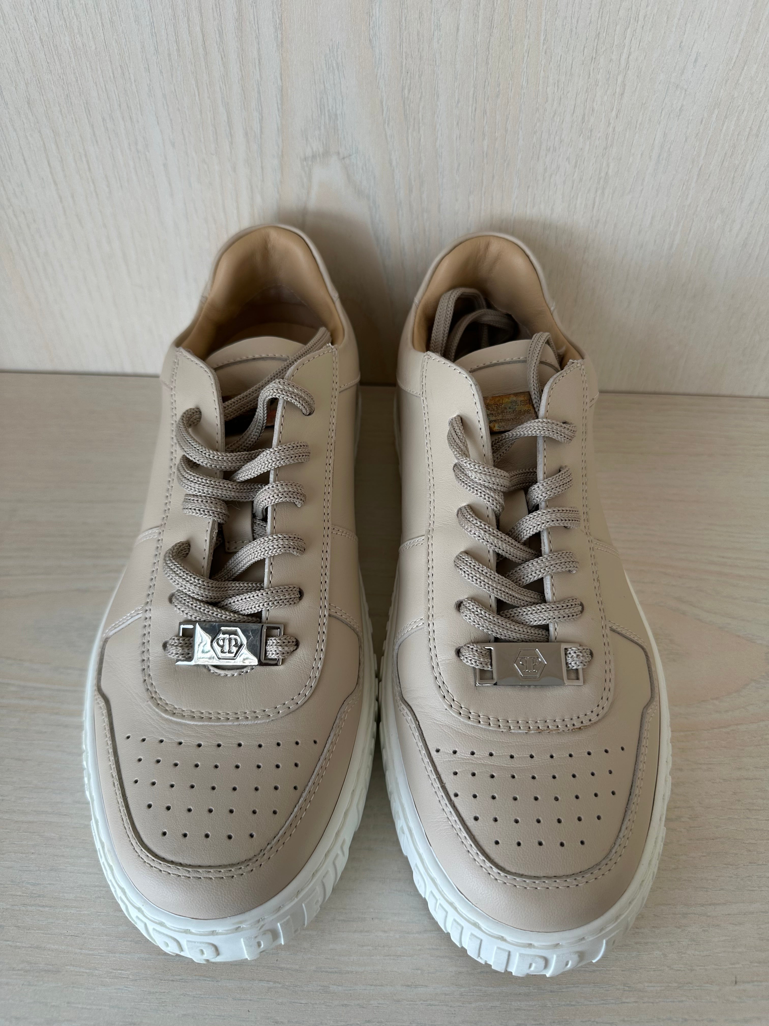 Philipp Plein Lo-Top Hexagon Leather Sneakers EU 38 Beige with Box