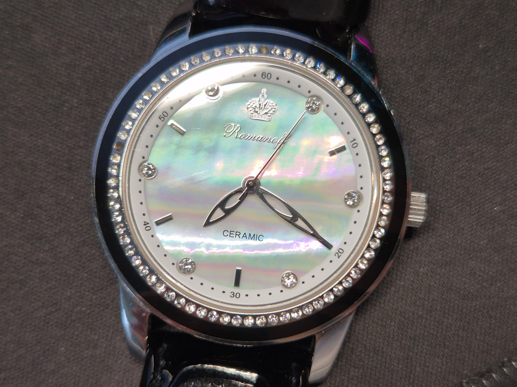 Romanoff Damen Uhr 5278 – Keramiklünette, MOP-Zifferblatt, Lederarmband, 32mm