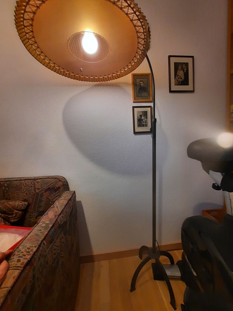 Vintage Brass Arc Floor Lamp, Plisé Shade, Large, Very Good Condition