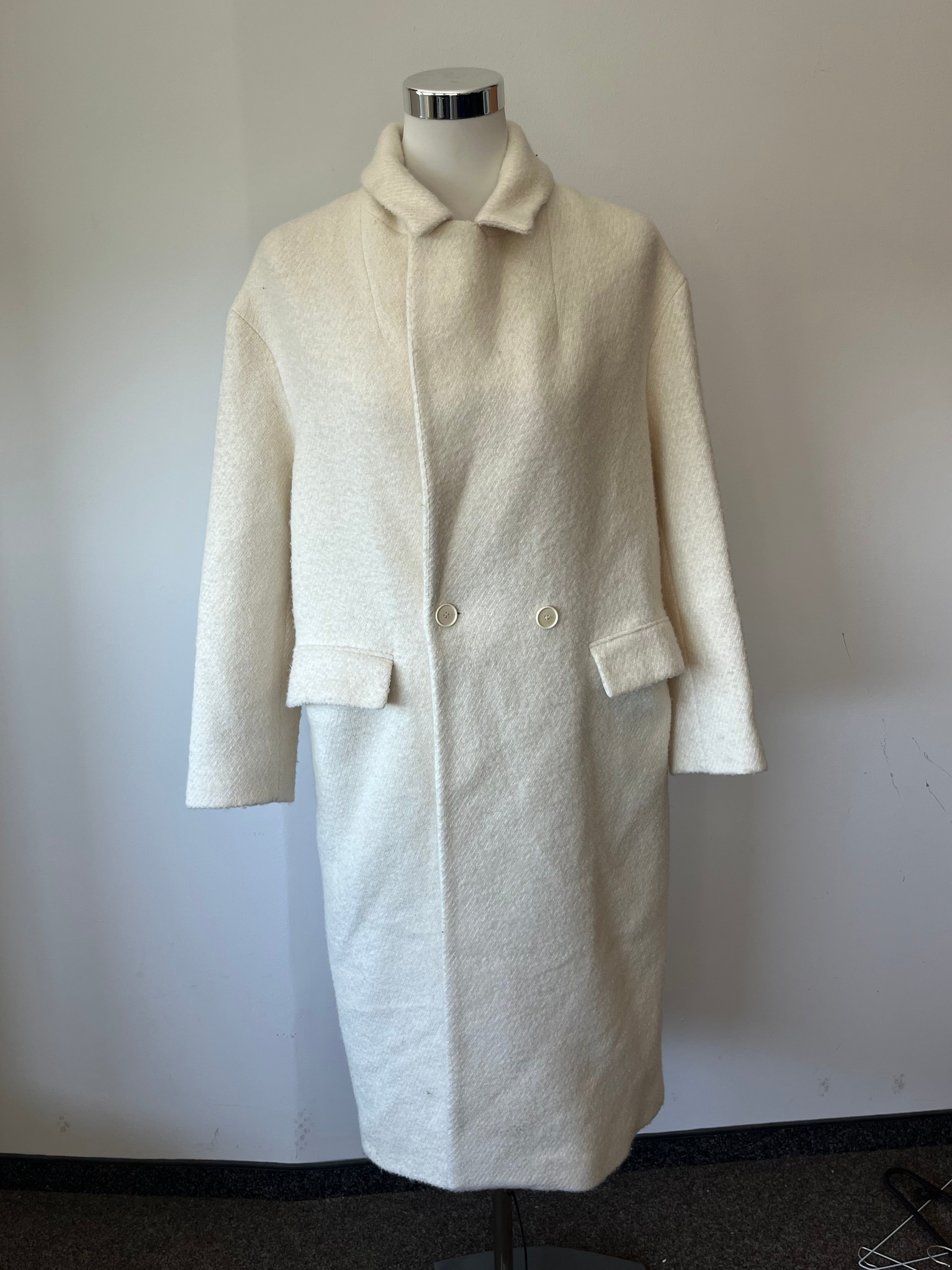 Zara Wool Blend Double-Breasted Coat, Ecru White, Size M, Poor Condition
