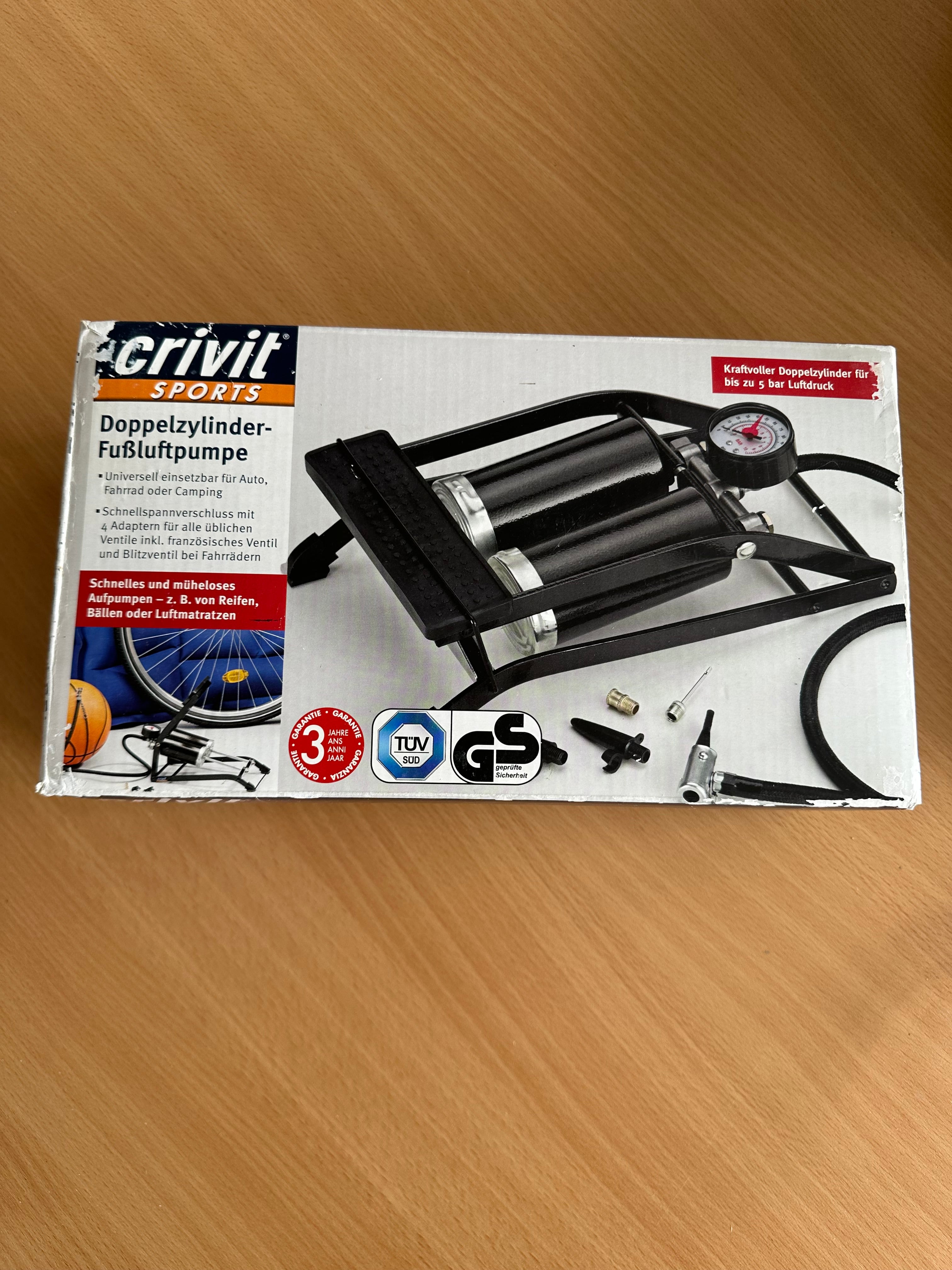 Crivit Doppelzylinder Fußpumpe, Manometer & Adapter, Schwarz, 28cm, gebraucht