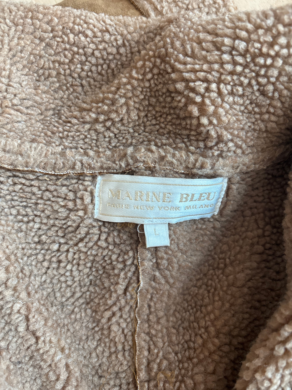 Vintage Marine Bleu Sheepskin Coat (L) – Caramel Brown, Good Condition