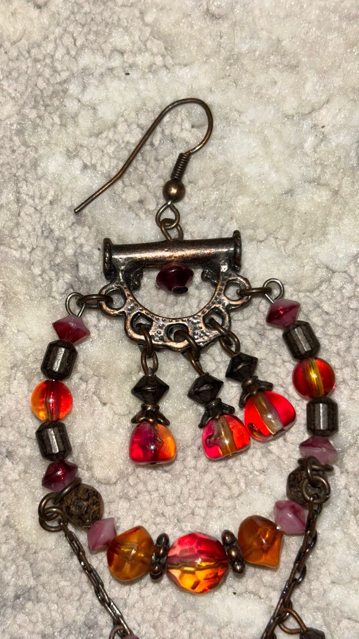 Boho Chandelier Earrings, Bronze, Ruby Red & Orange Glass Beads, 5cm, Good
