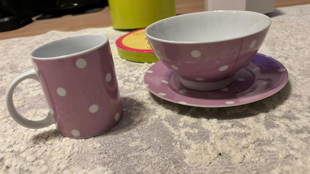 3-teiliges Frühstücksset, Pink mit weißen Punkten, wie neu, Geschenkbox
