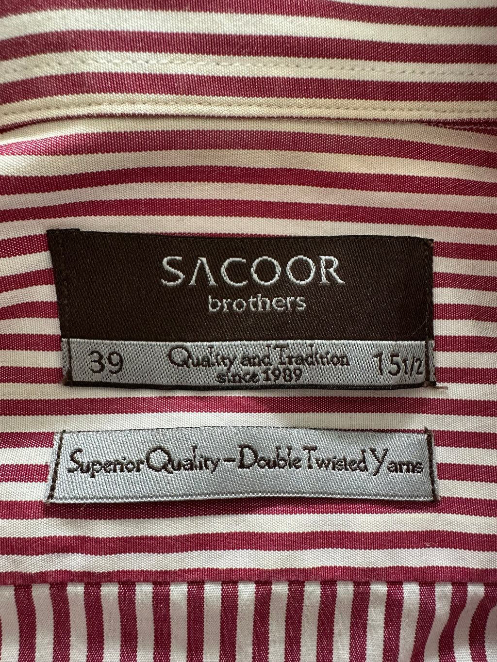 Sacoor Brothers Men’s Shirt 39 (15½) Red/White Stripes Classic Fit Good