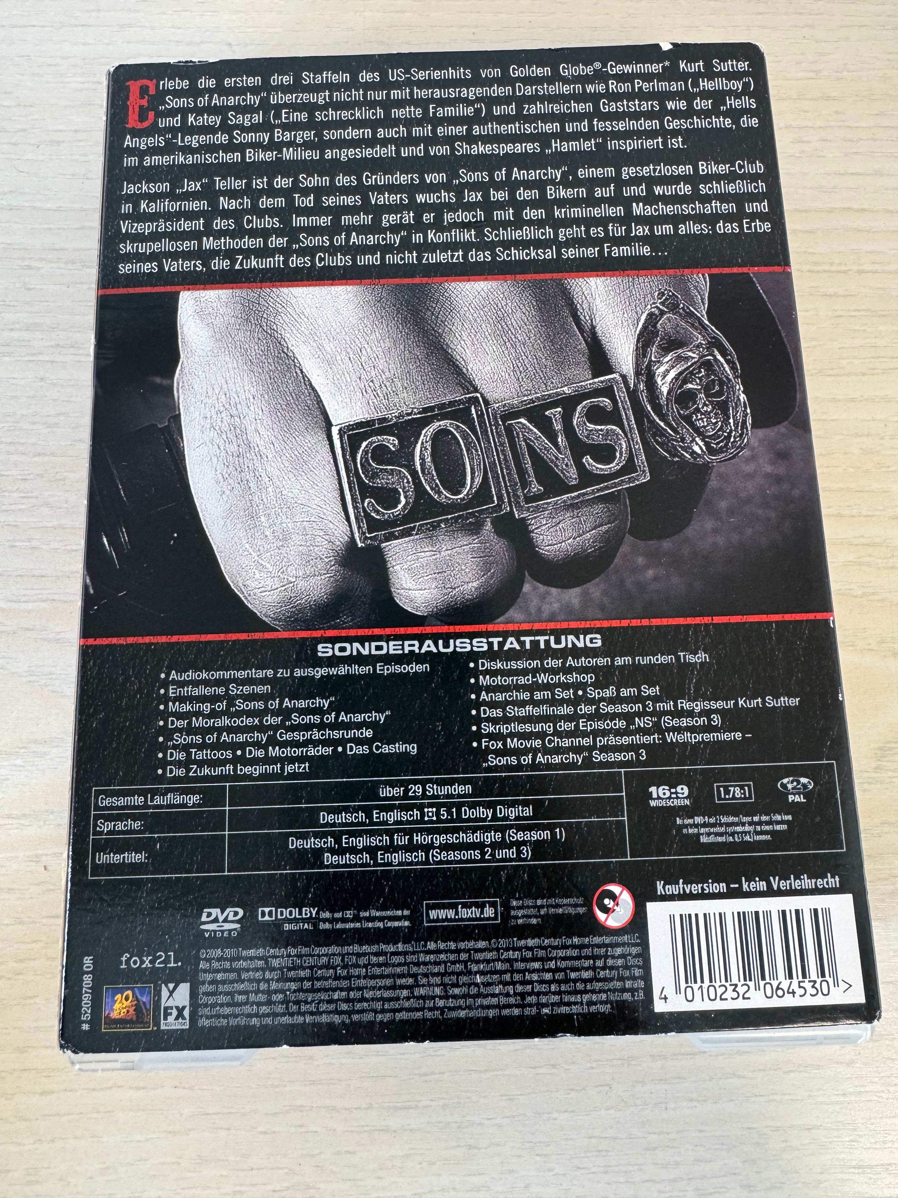 Sons of Anarchy Seasons 1-3 DVD Box Set + Patch, Region 2, Good Condition