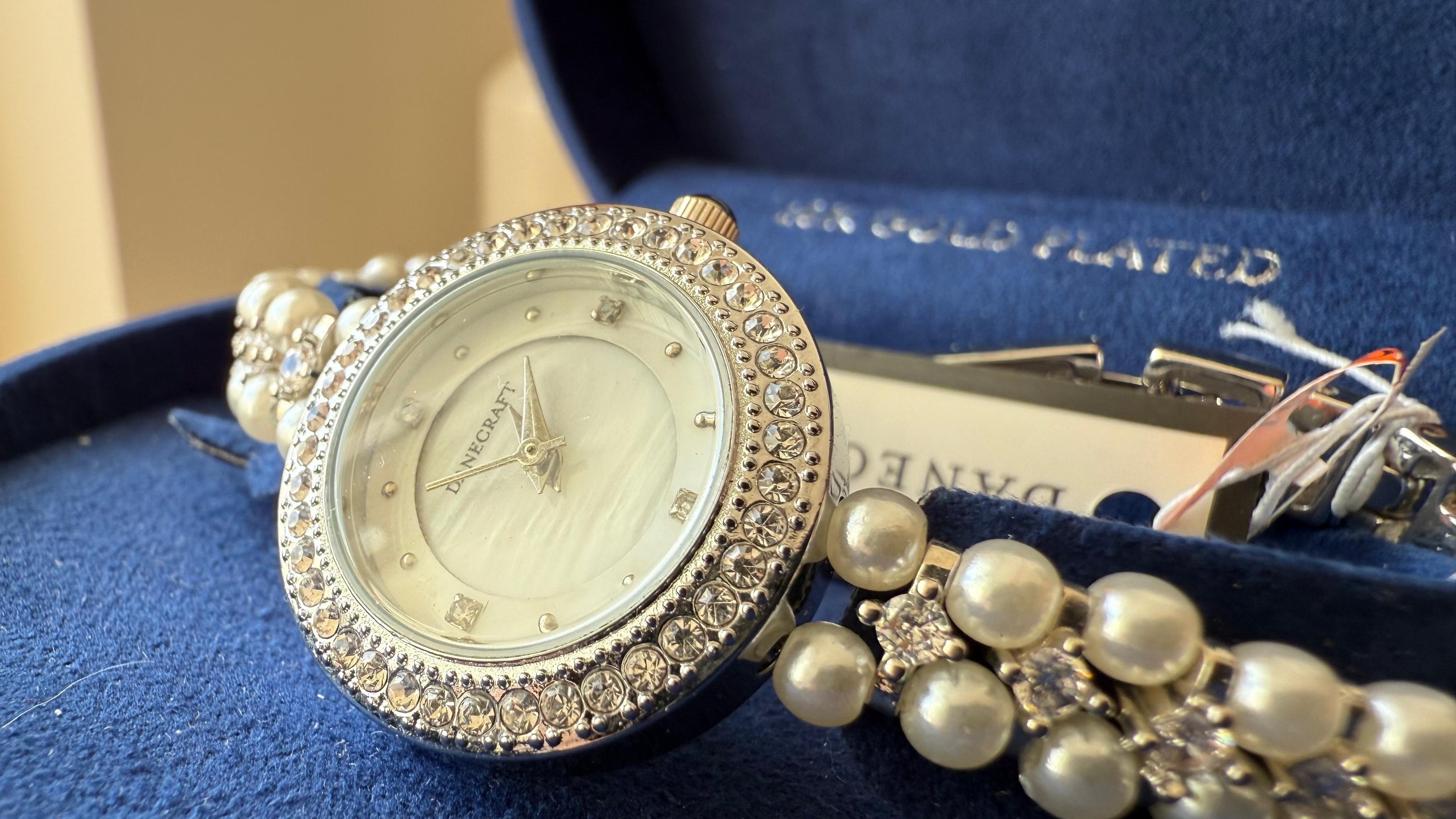 Danecraft Women's Bracelet Watch | Pearl Strap, Crystal Bezel, Gold Plated, VG