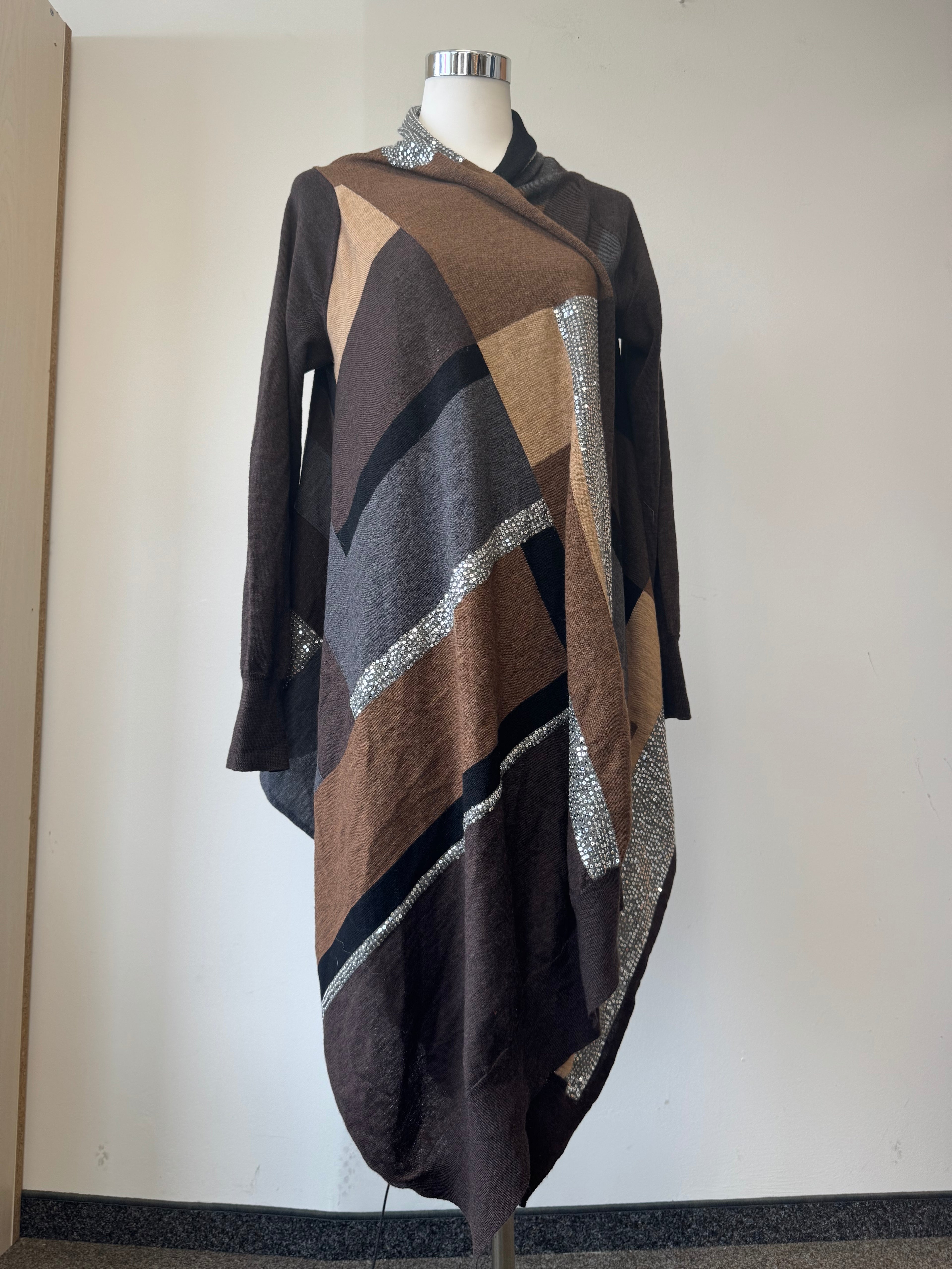 DKNY Color-Block Sequin Open-Front Cardigan Brown/Grey Size S Good Condition