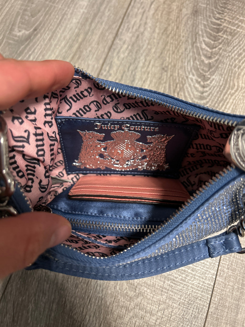 Juicy Couture Mini Hobo Schultertasche Blau Strass + Münztasche Wie Neu
