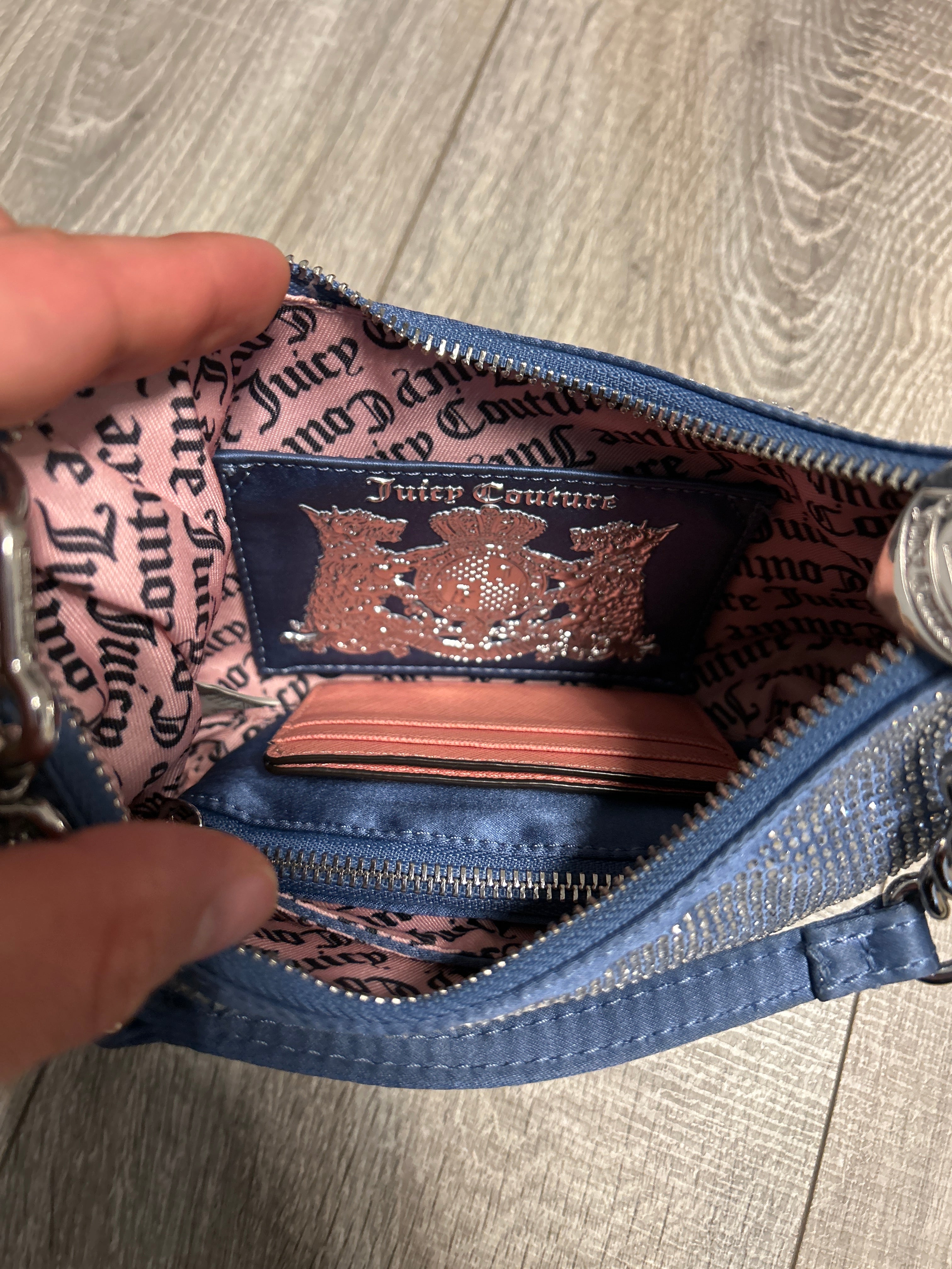 Juicy Couture Mini Hobo Schultertasche Blau Strass + Münztasche Wie Neu