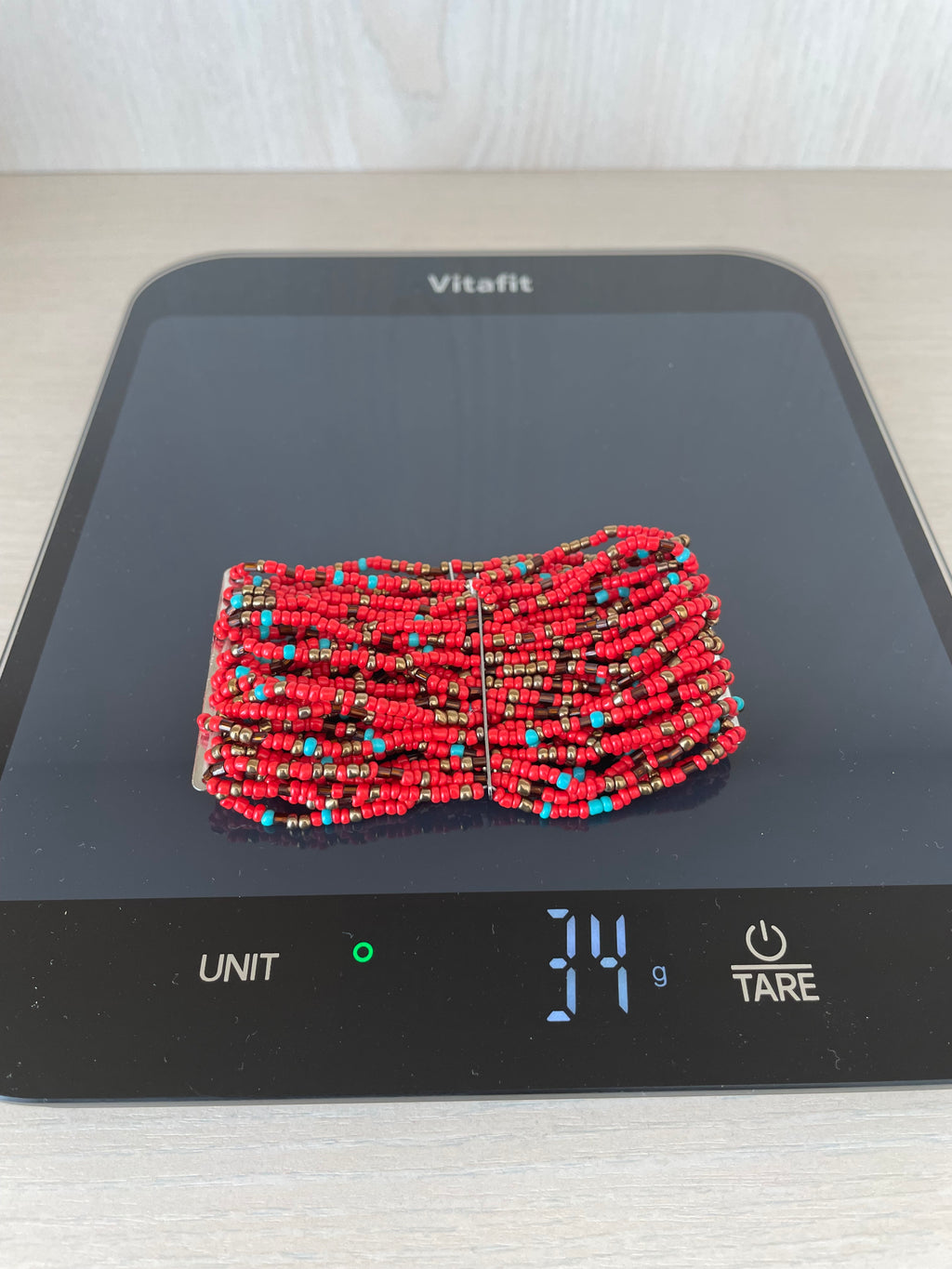 Handmade Otavalo Beaded Cuff Bracelet, Red Coral/Glass, Adjustable, Very Good
